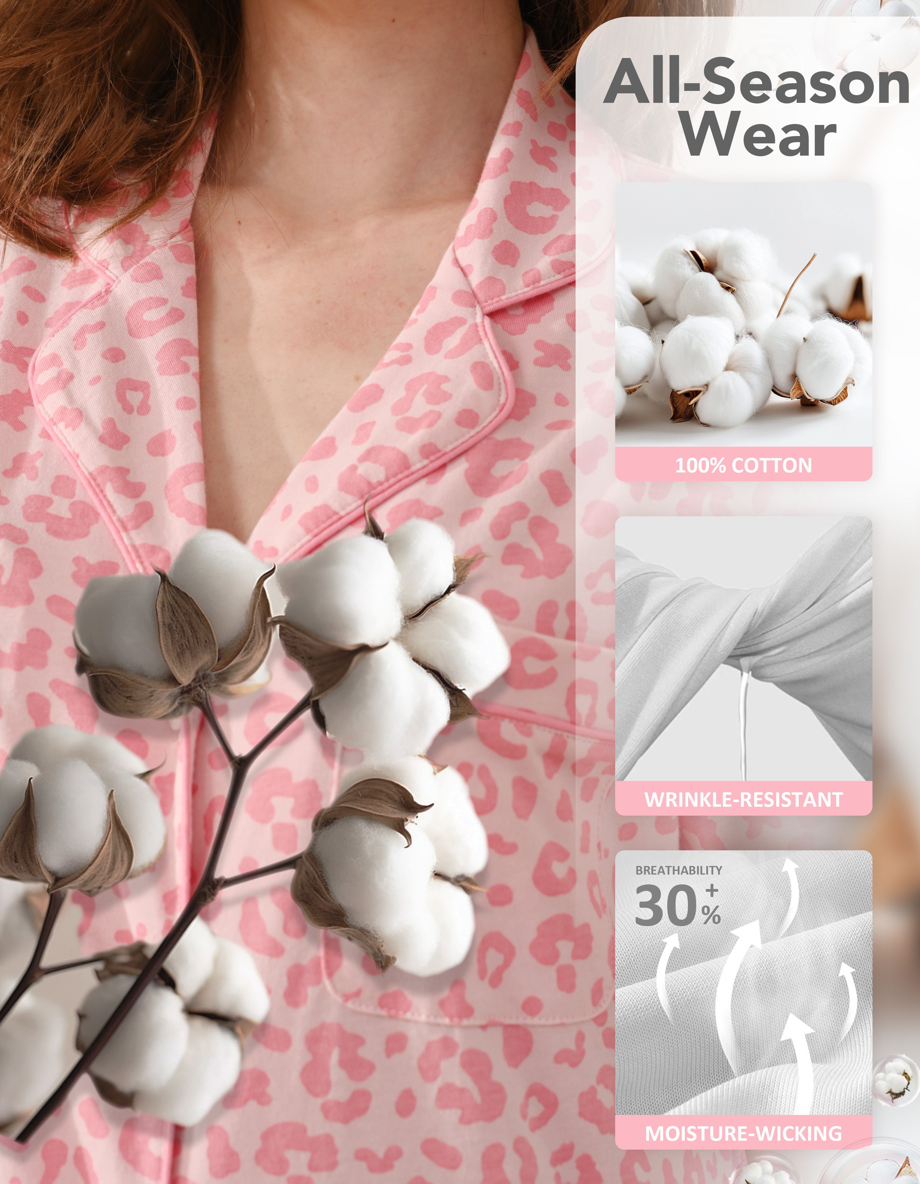 Close-up of breathable 100% cotton fabric used in pink leopard print pajamas