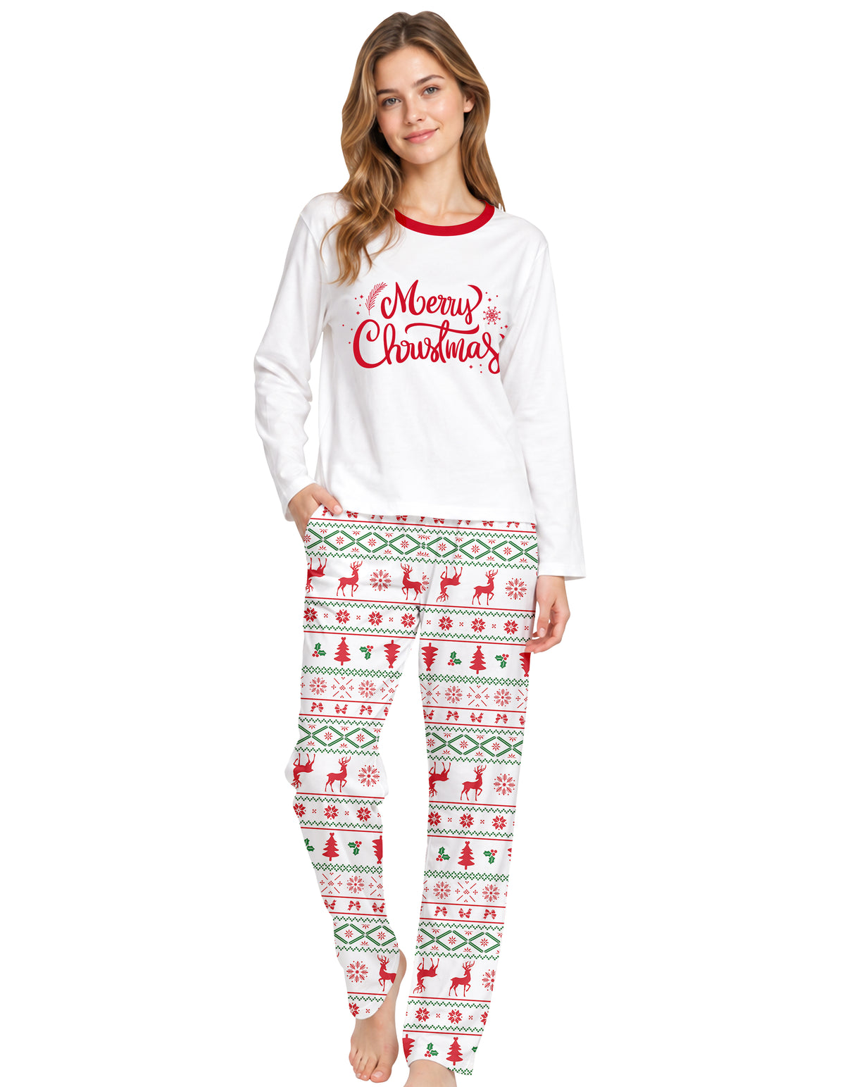White Nordic Christmas Print Knit Cotton Pajama Set