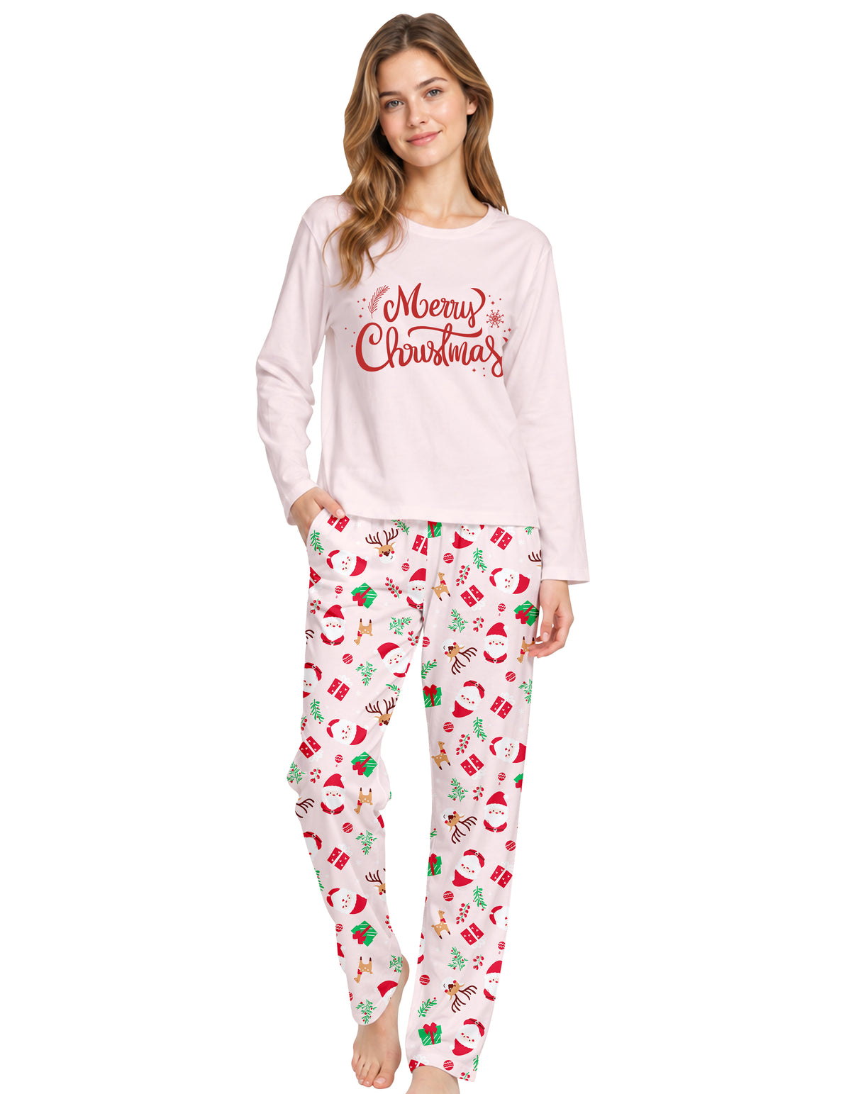 Light Pink Christmas Print Knit Cotton Pajama Set