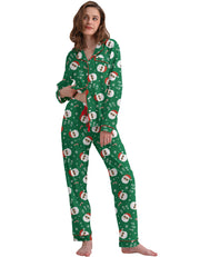 Green Santa Print Knit Cotton Pajama Set
