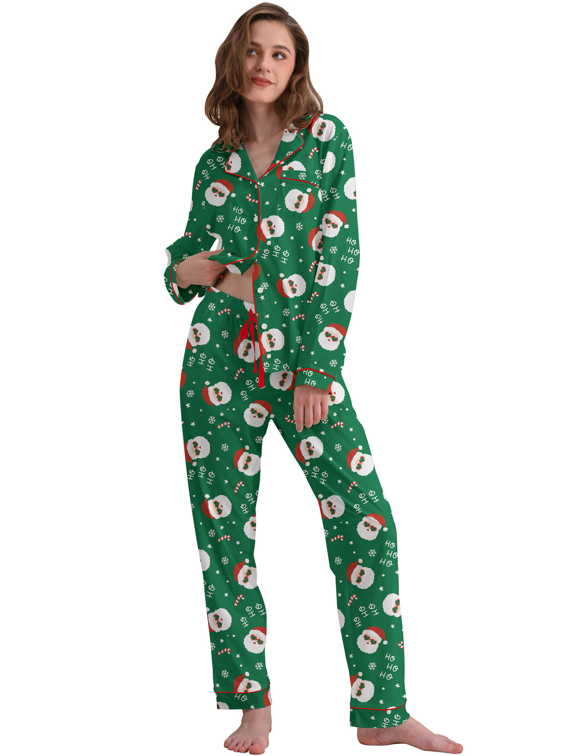 Green Santa Print Knit Cotton Pajama Set