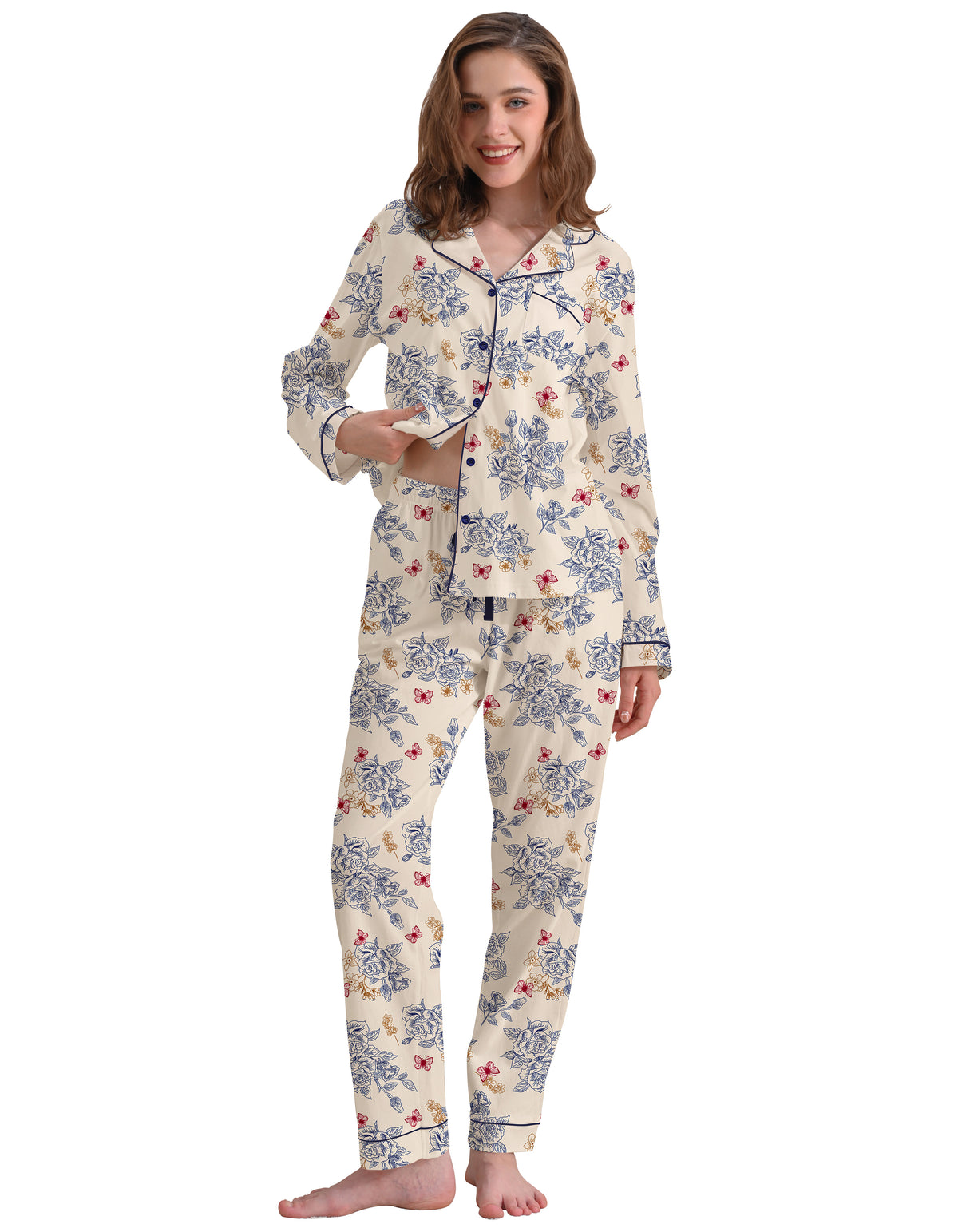 Rose Line Art Knit Cotton Pajama Set