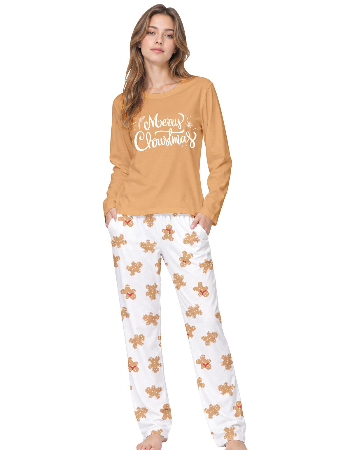 Mustard Gingerbread Print Knit Cotton Pajama Set