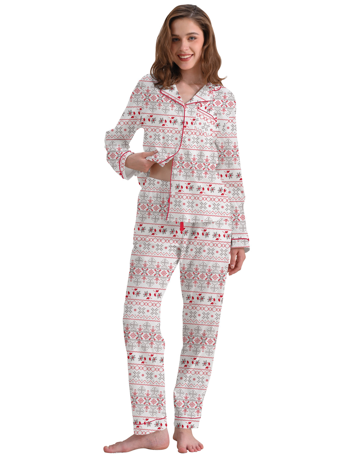 Red & Gray Nordic Print Knit Cotton Pajama Set