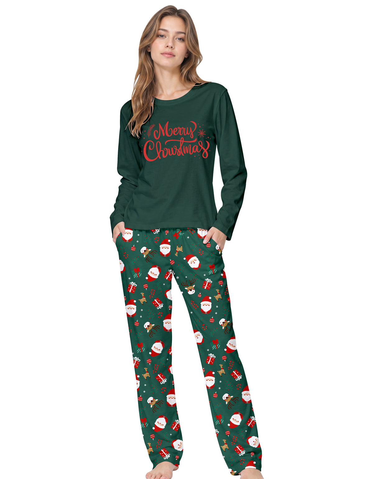 Dark Green Santa Print Knit Cotton Pajama Set