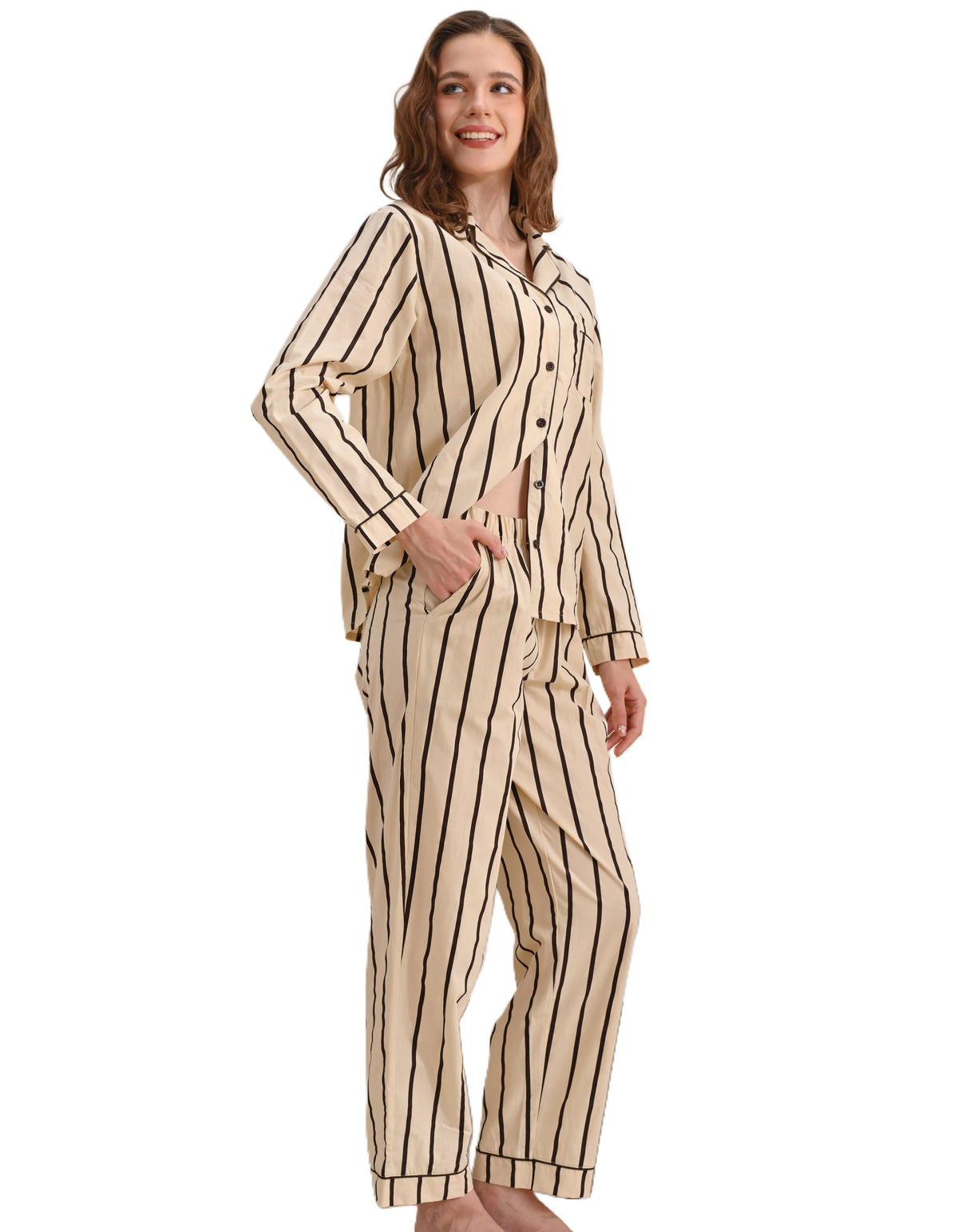 Beige & Black Stripe Knit Cotton Pajama Set
