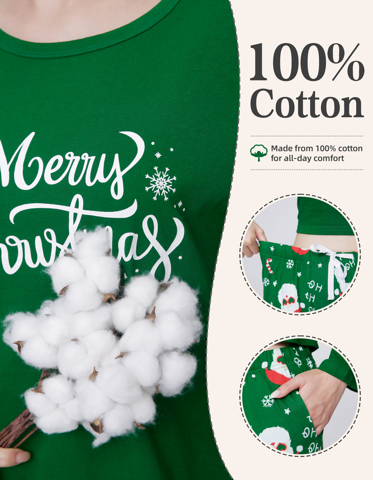 Green Santa Print Knit Cotton Family Pajama Set