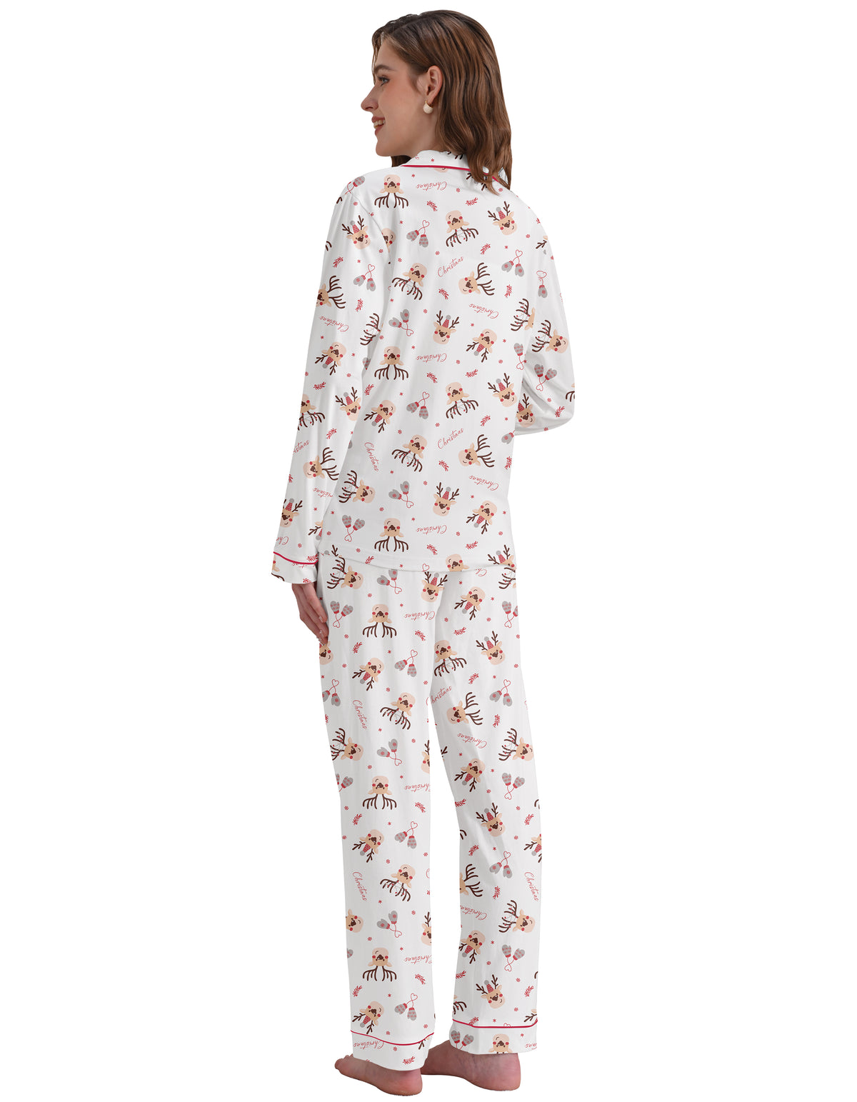 White Reindeer Print Knit Cotton Pajama Set