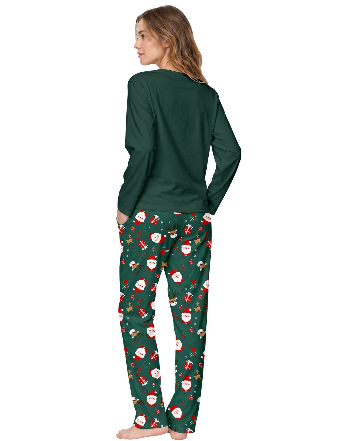 Dark Green Santa Print Knit Cotton Pajama Set