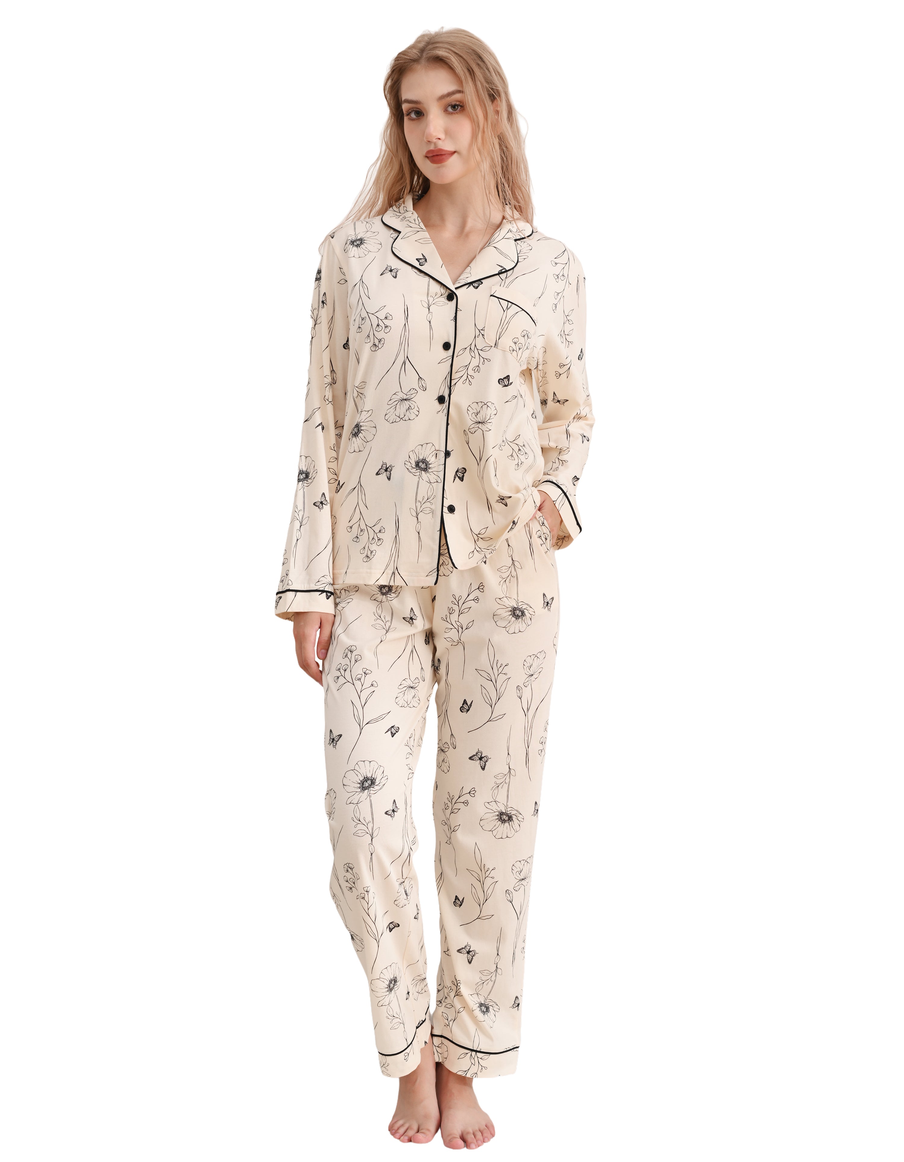 Ivory Floral Print Knit Cotton Pajama Set