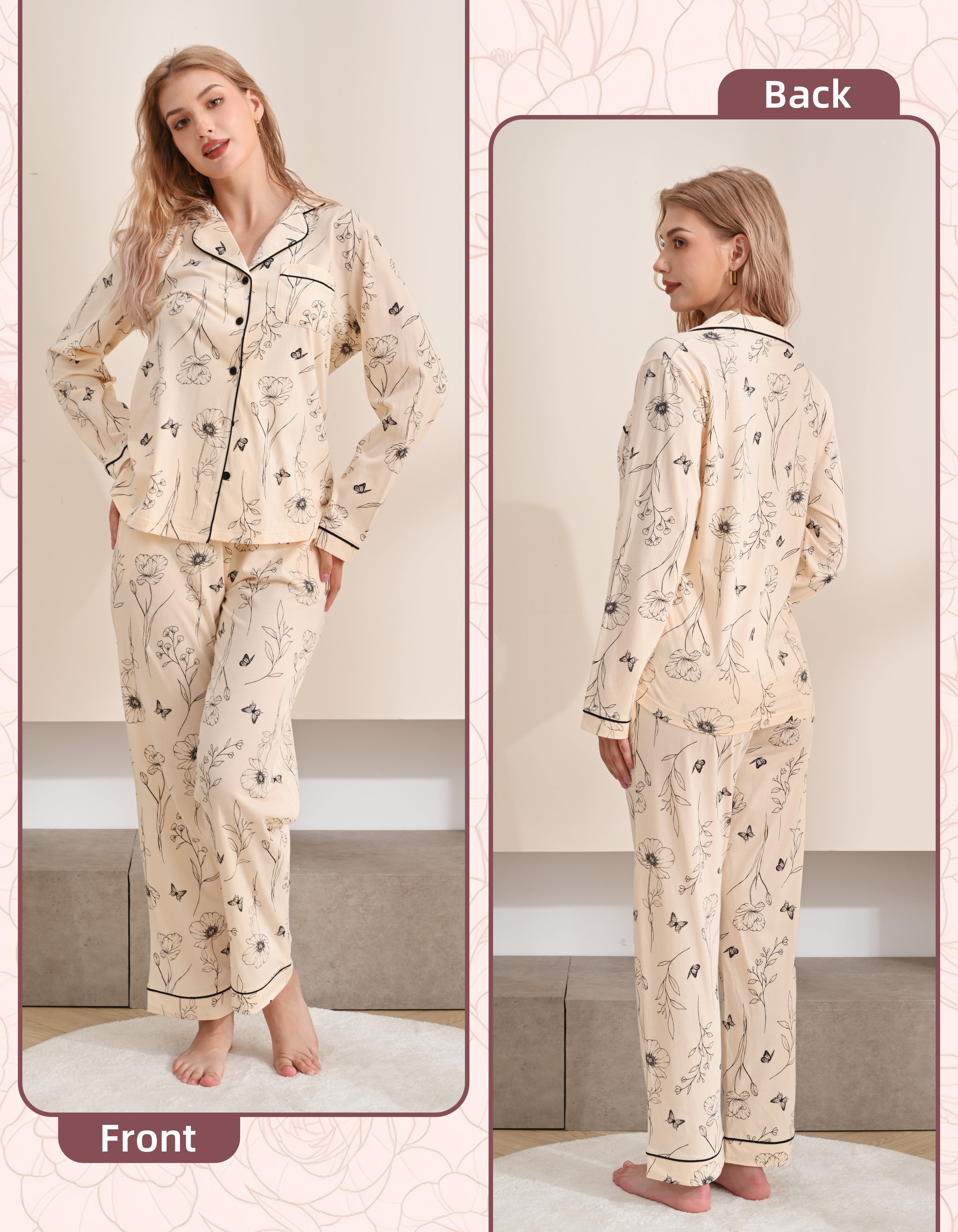 Ivory Floral Print Knit Cotton Pajama Set