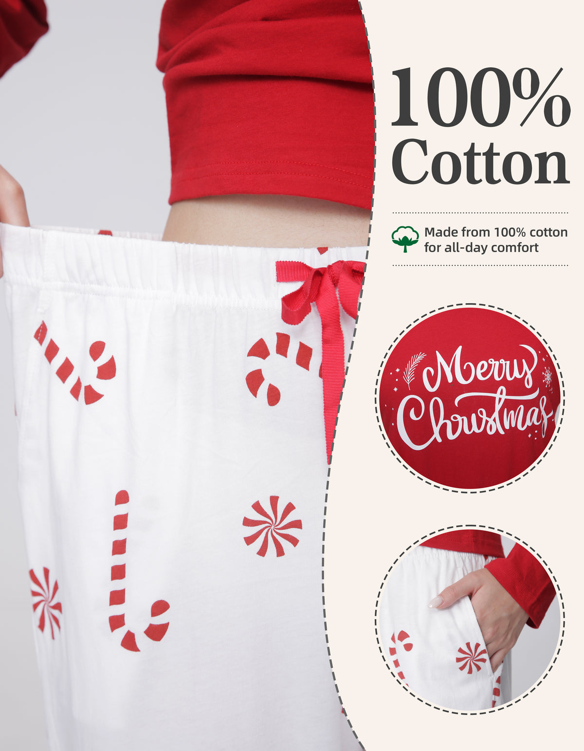 Red Candy Cane Print Knit Cotton Pajama Set