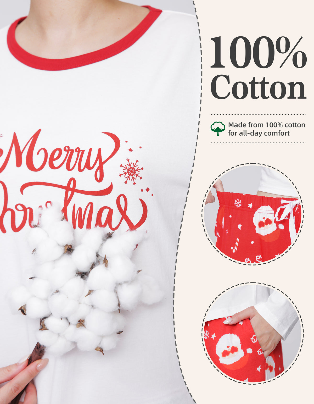 White & Red Christmas Print Knit Cotton Pajama Set