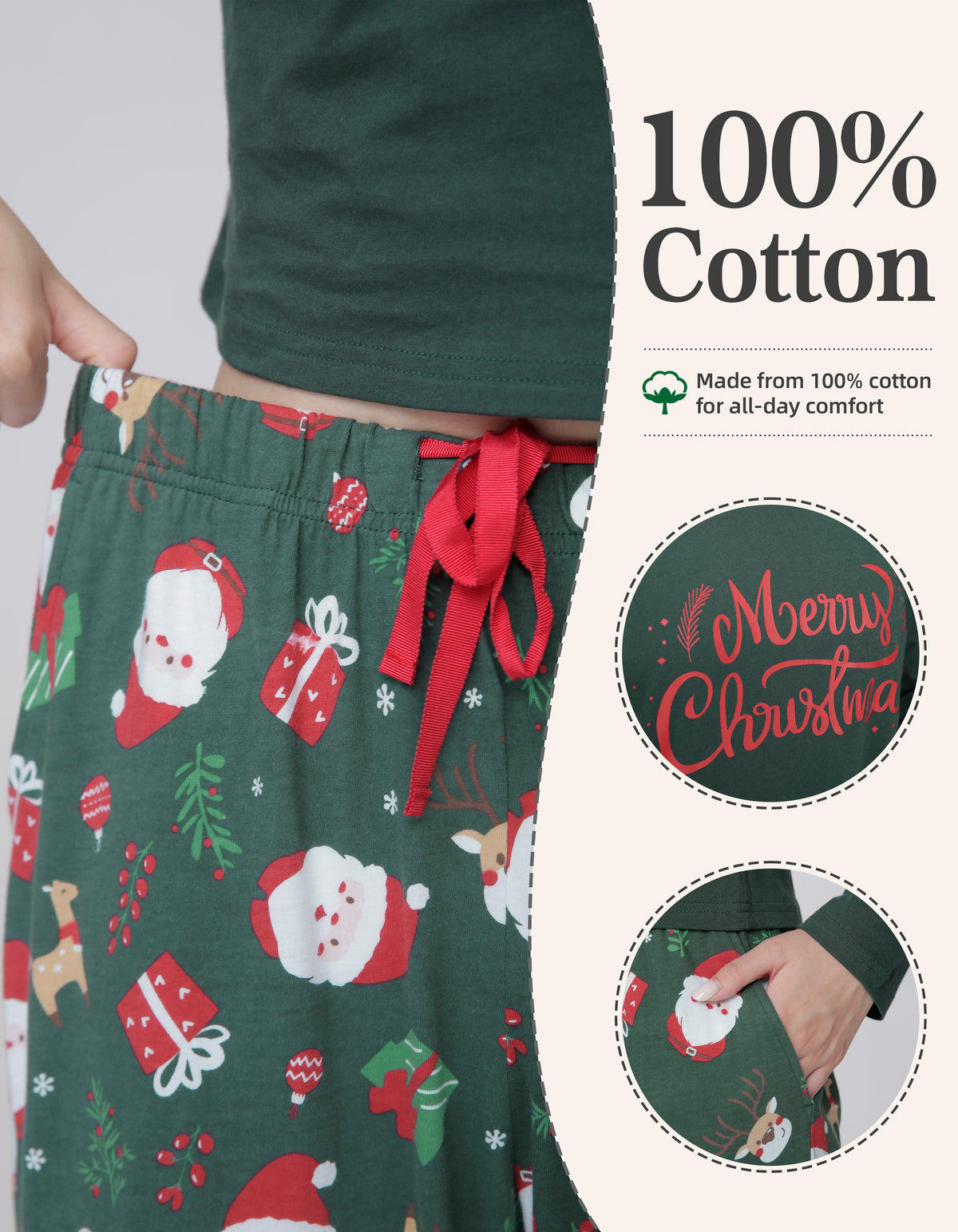 Dark Green Santa Print Knit Cotton Pajama Set