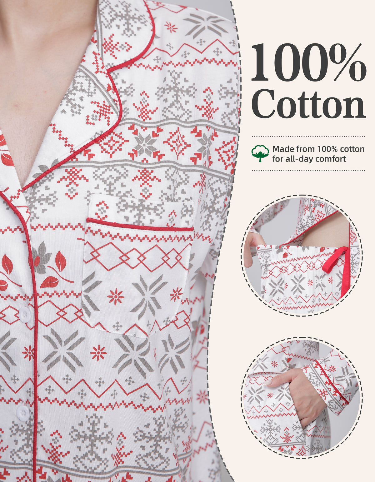 Red & Gray Nordic Print Knit Cotton Pajama Set