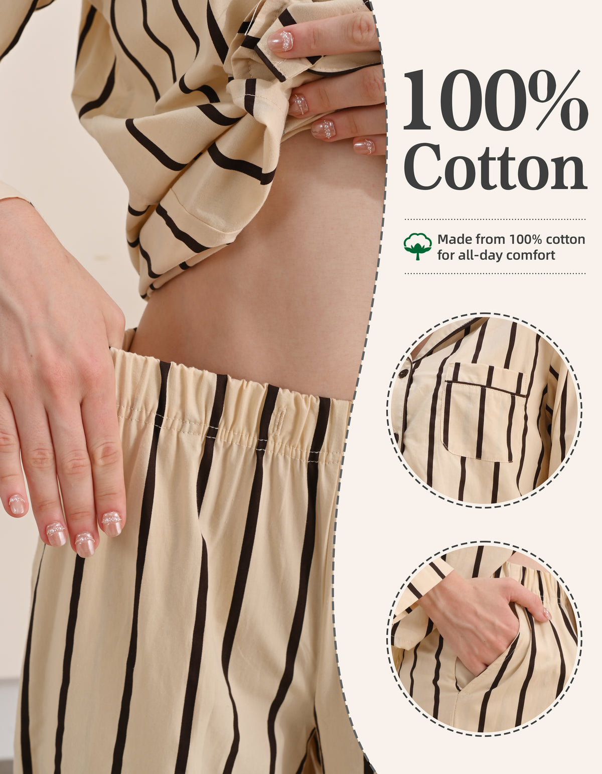 Beige & Black Stripe Knit Cotton Pajama Set