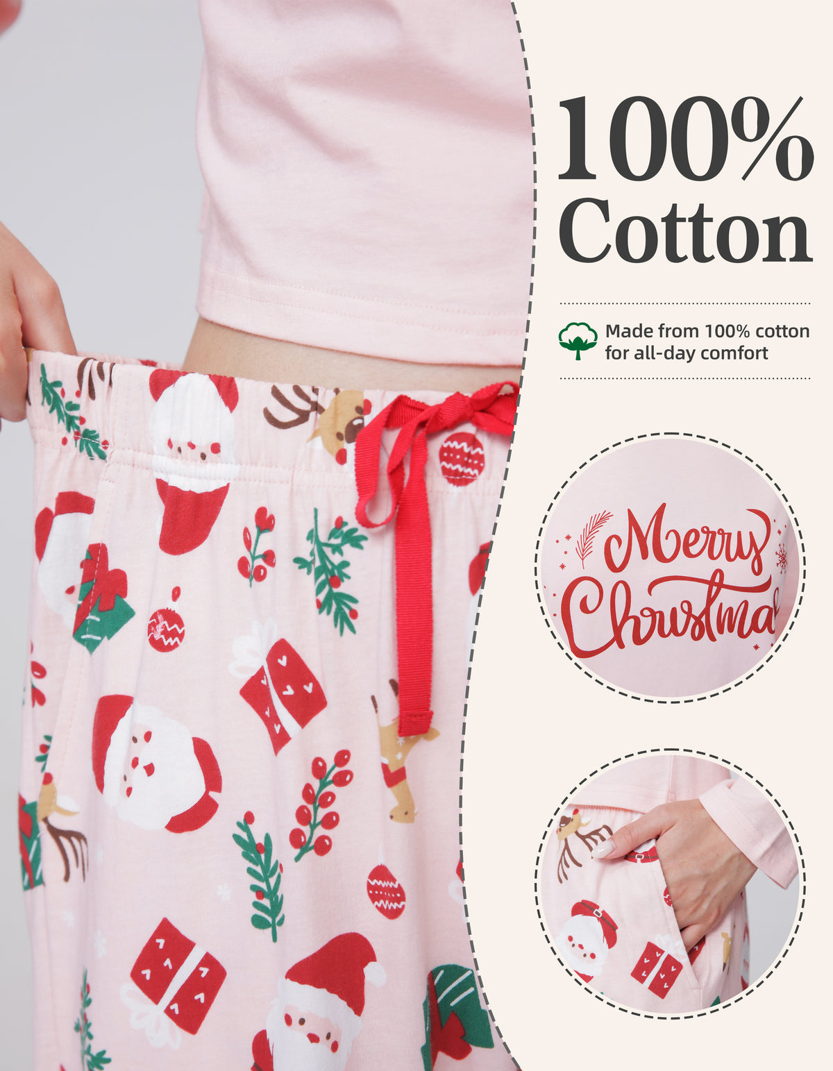 Light Pink Christmas Print Knit Cotton Pajama Set