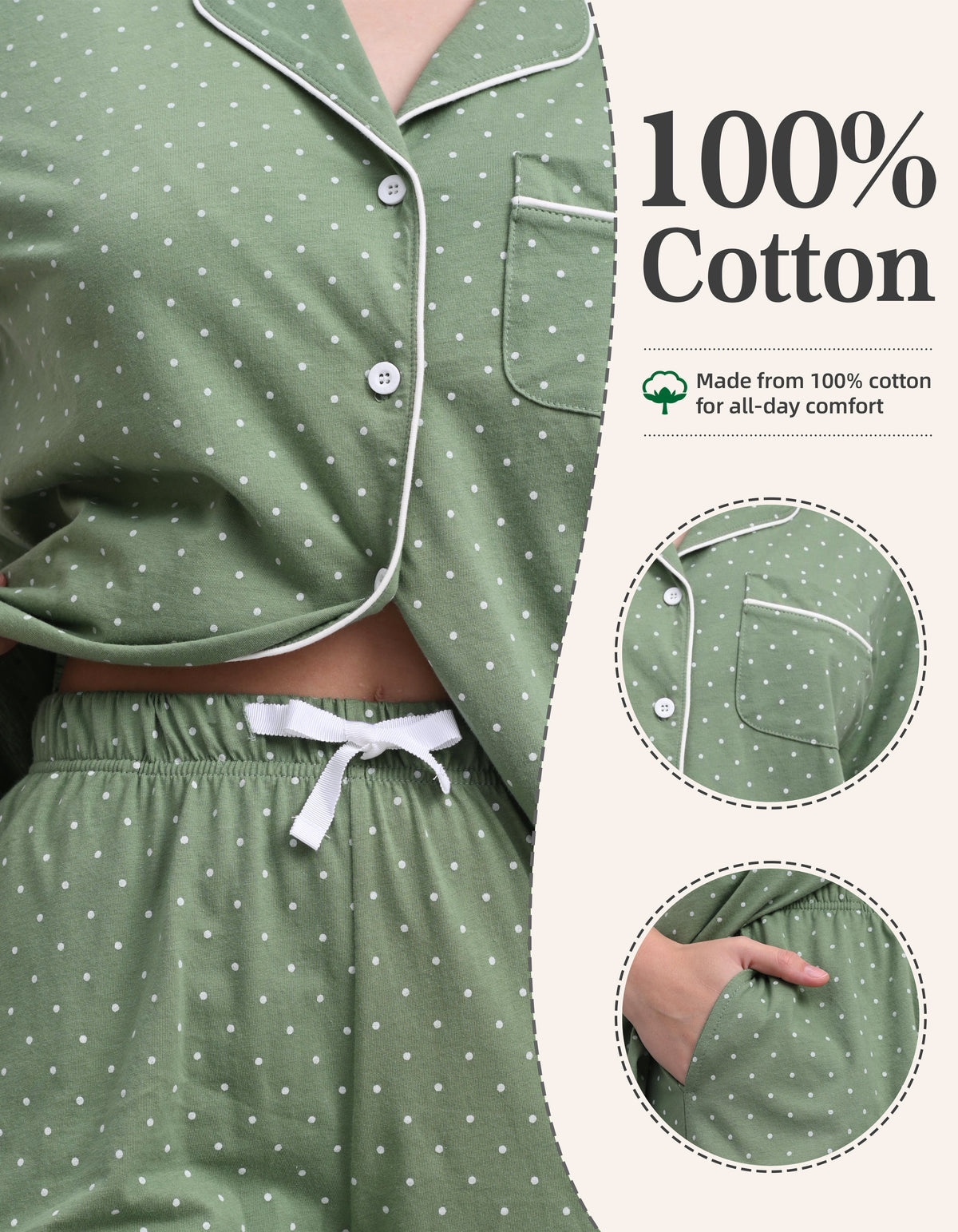 Green & White Polka Dot Knit Cotton Pajama Set
