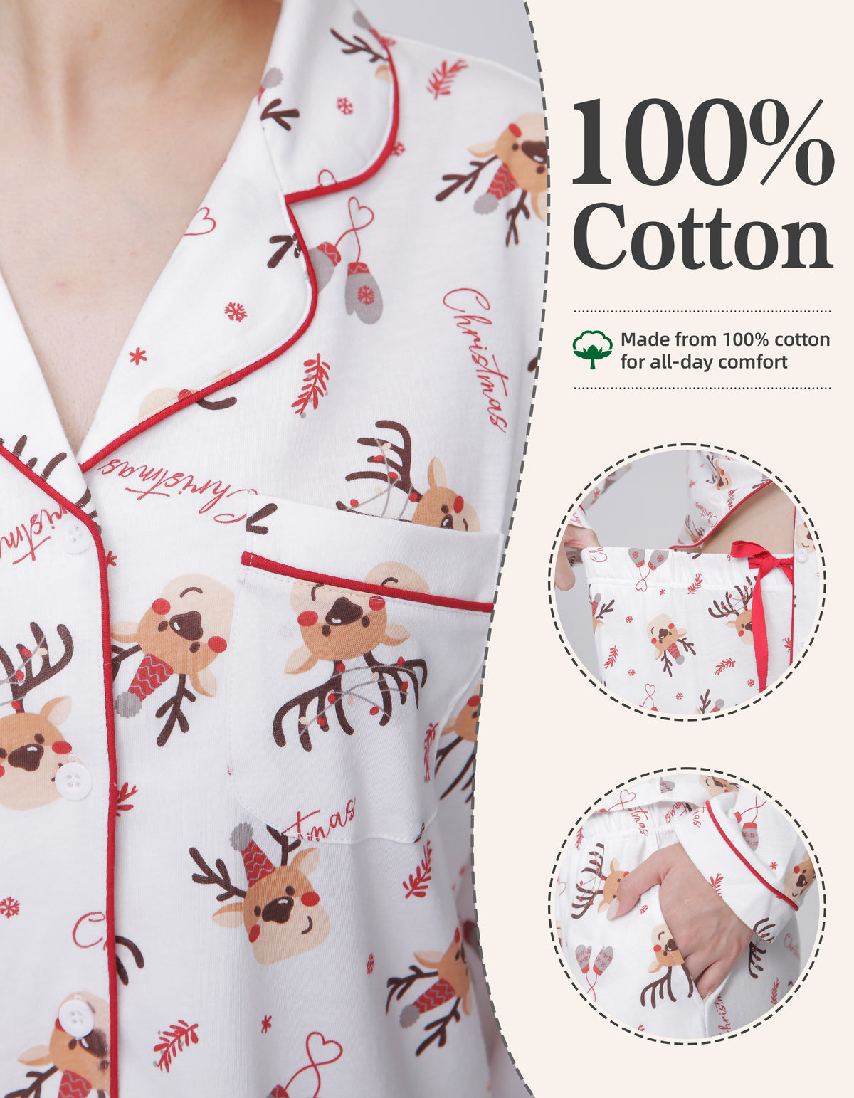 White Reindeer Print Knit Cotton Pajama Set