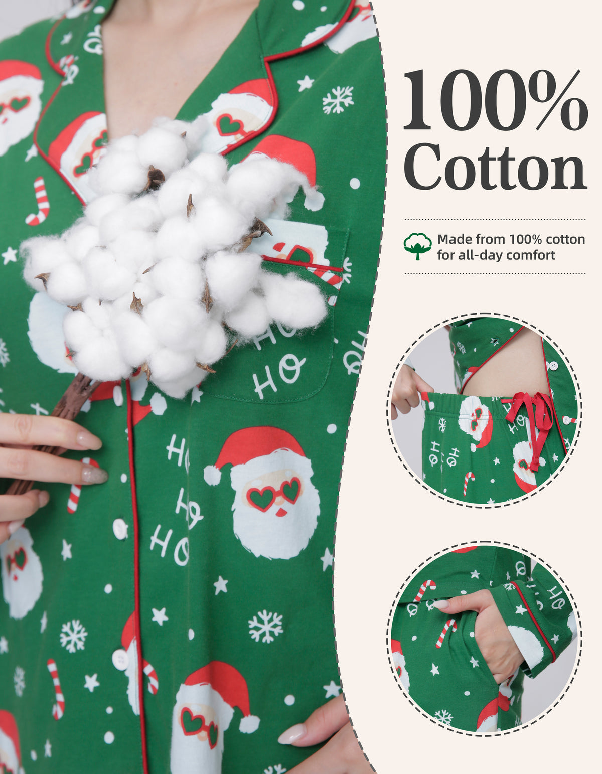 Green Santa Print Knit Cotton Pajama Set