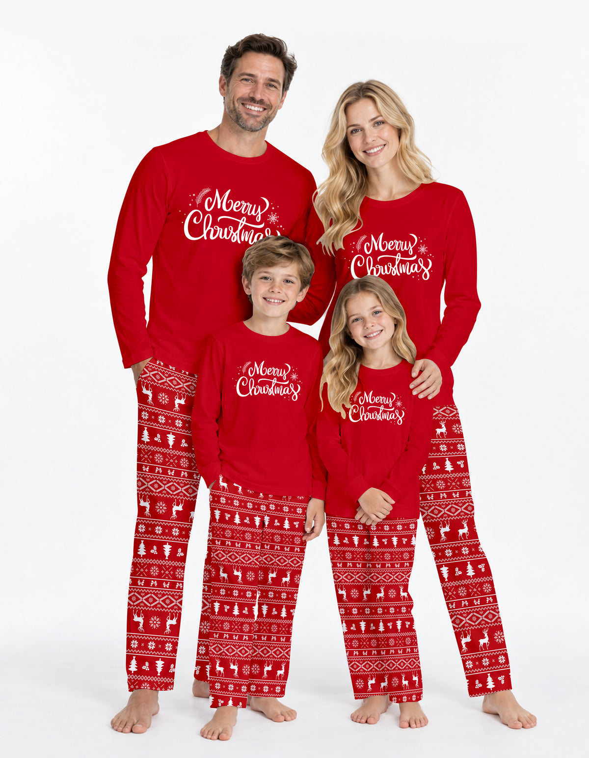 Red Nordic Christmas Print Knit Cotton Family Pajama Set
