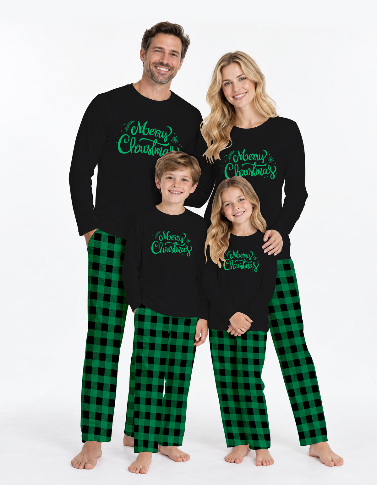 Green & Black Buffalo Plaid Knit Cotton Family Pajama Set
