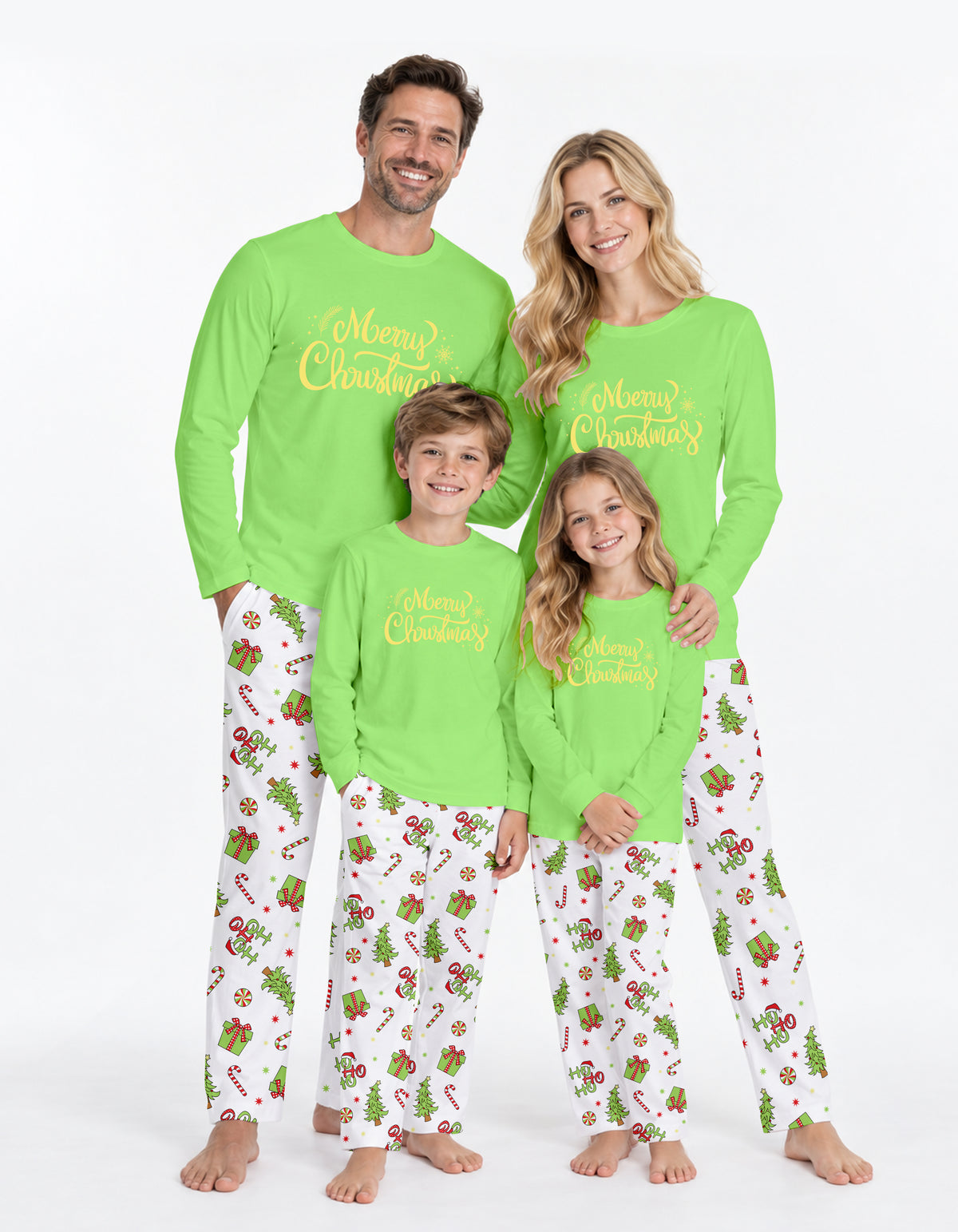 Lime Green Christmas Print Knit Cotton Family Pajama Set