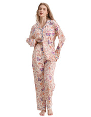 Women’s animal sketch print knit cotton pajama set front view on white background