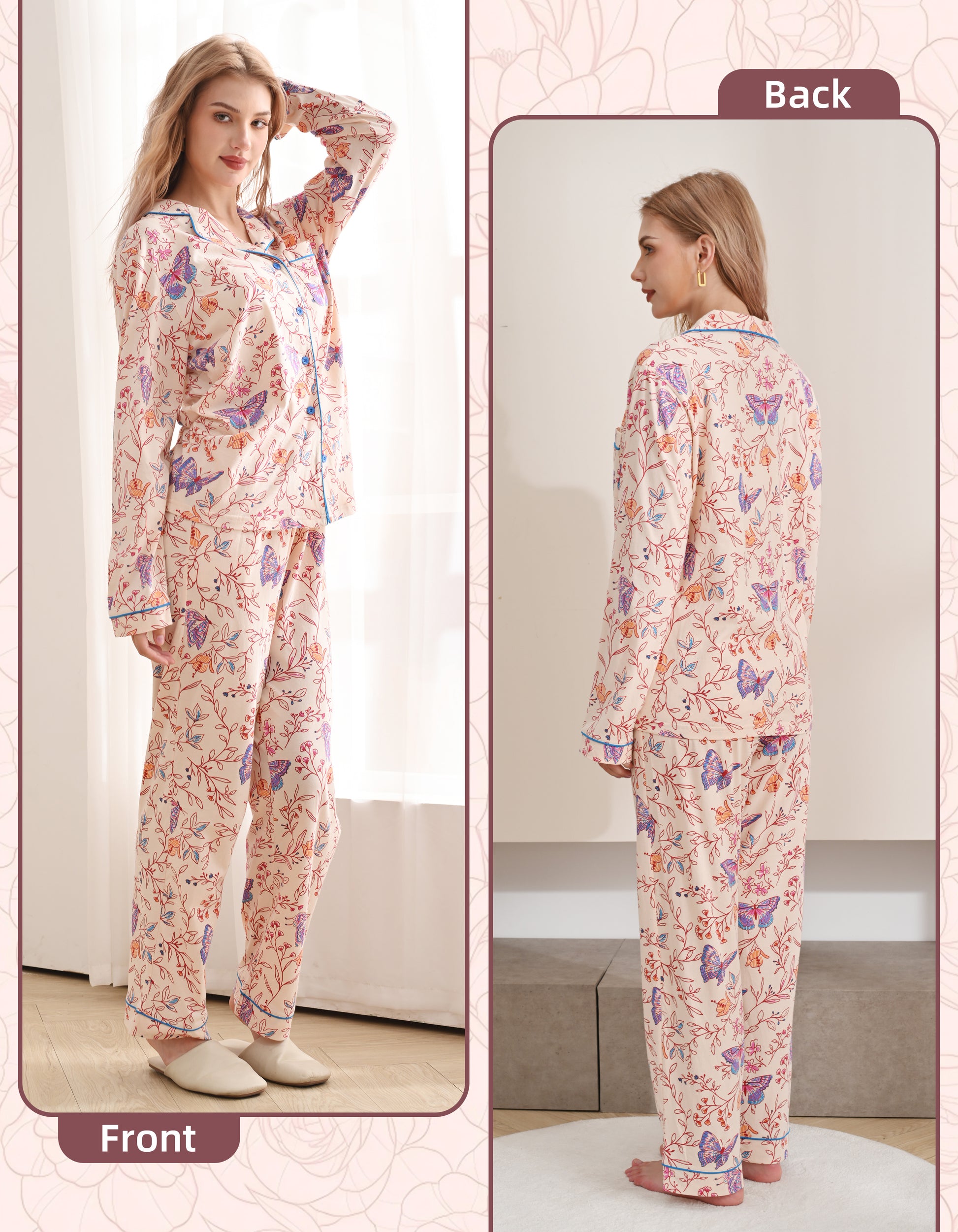 Front and back view comparison of animal sketch women’s knit cotton pajama set