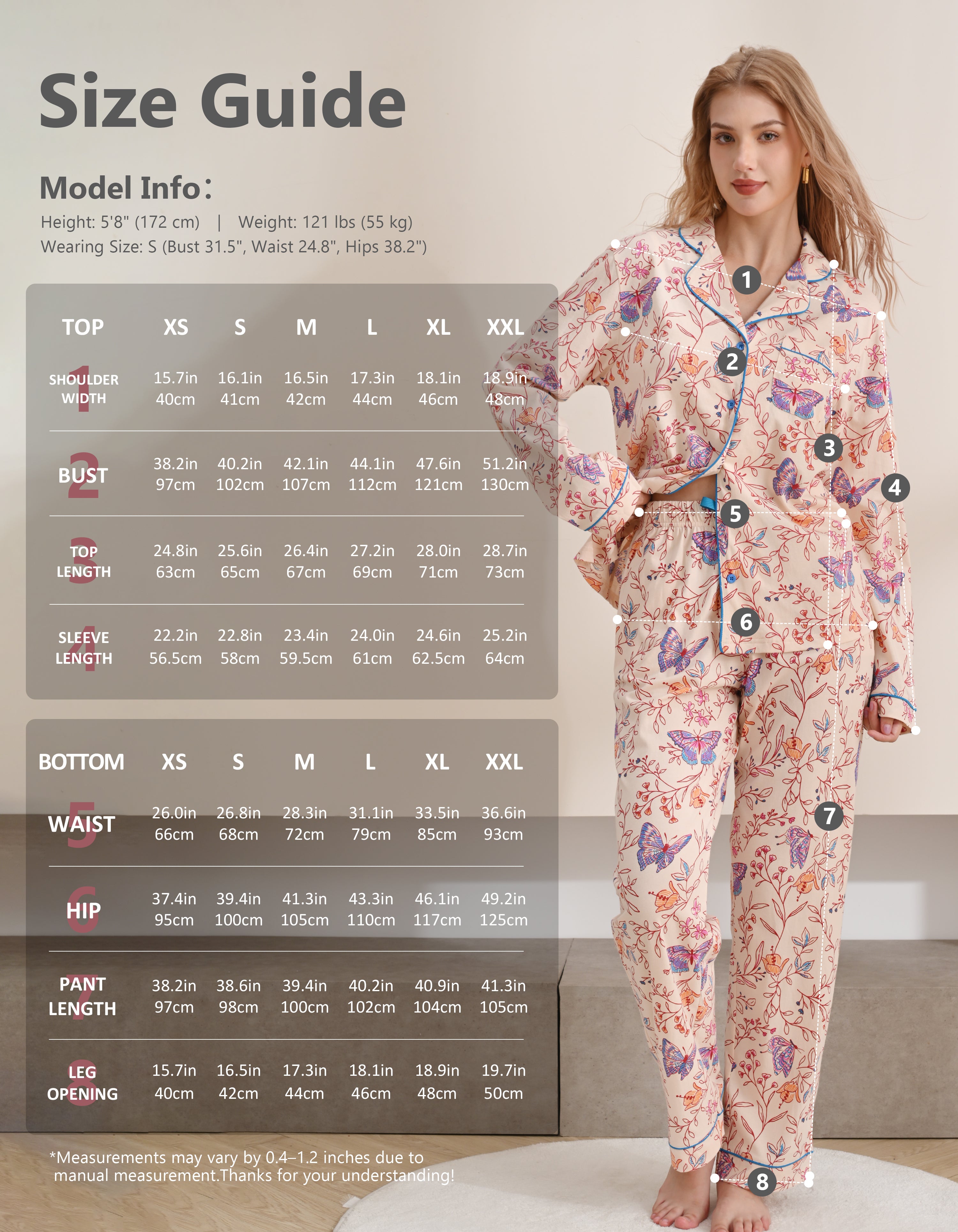 Size chart for women’s animal sketch knit cotton pajama set top and pants