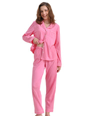 Barbie pink women’s knit cotton pajama set front view on white background