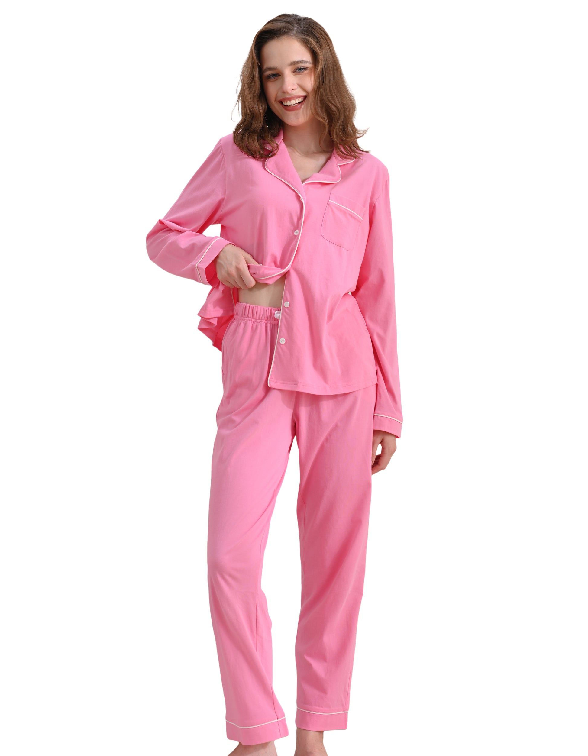 Barbie pink women’s knit cotton pajama set front view on white background