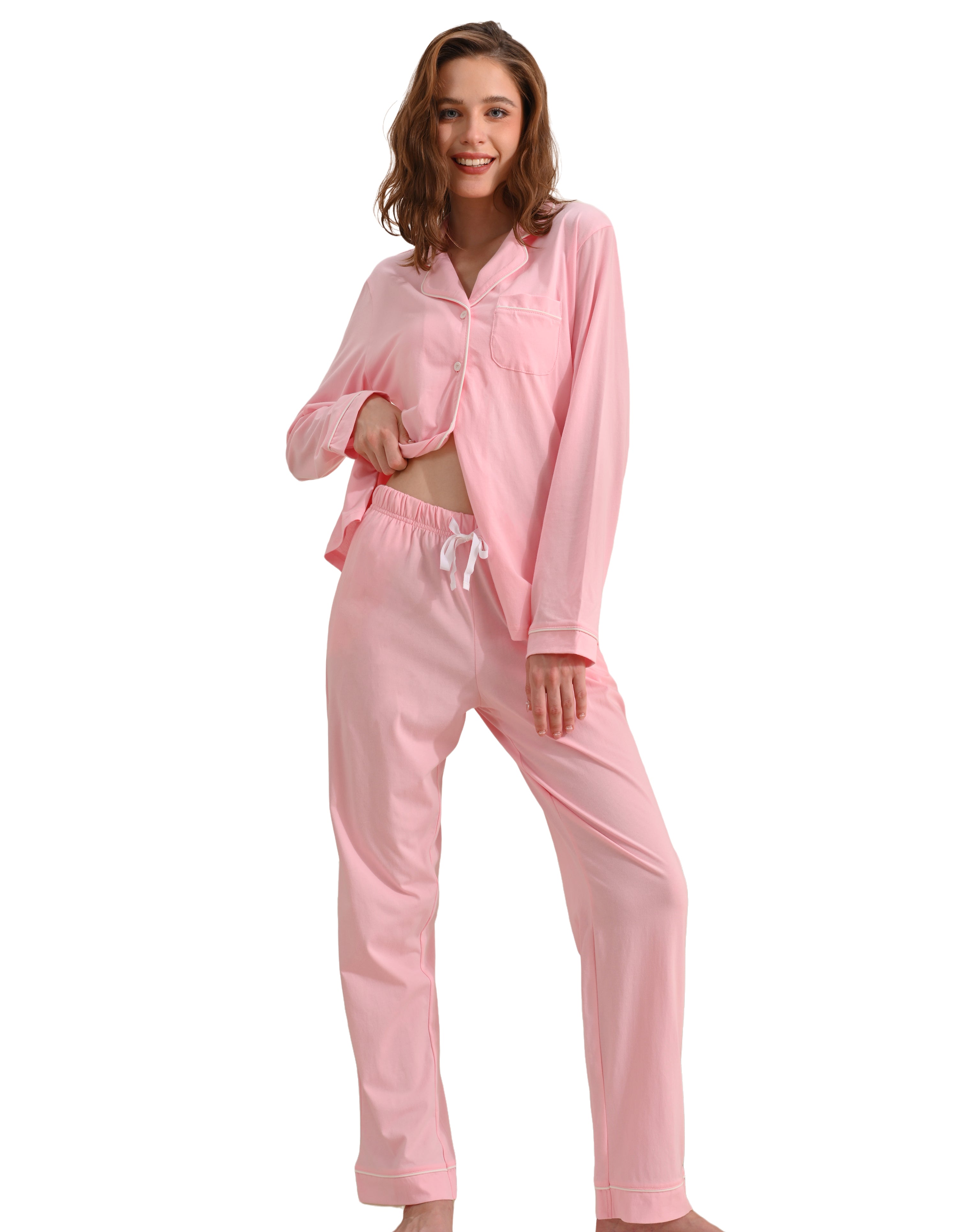 Barbie pink solid women’s knit cotton pajama set front view on white background