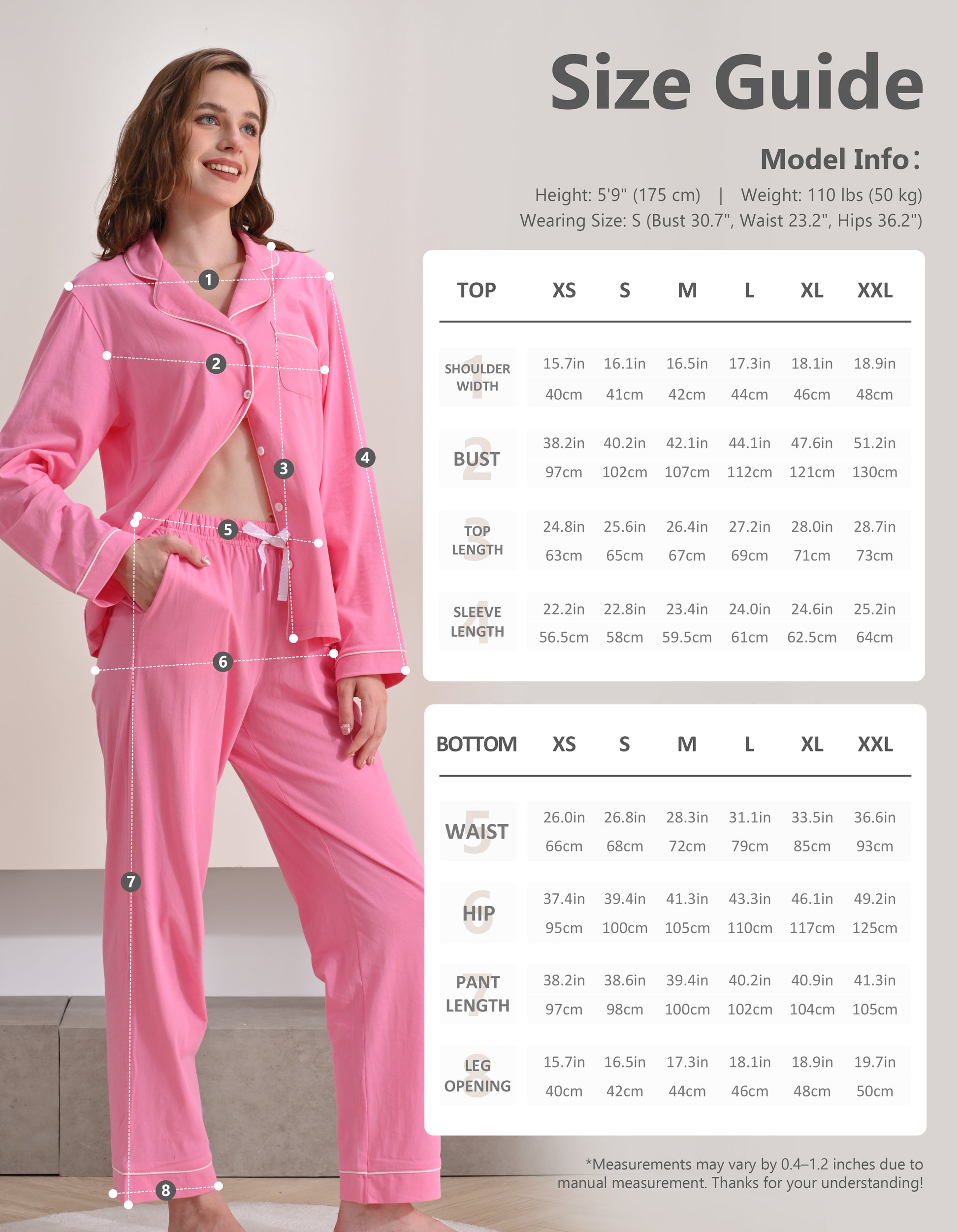 Size chart for women’s barbie pink knit cotton pajama set with long sleeve top and pants