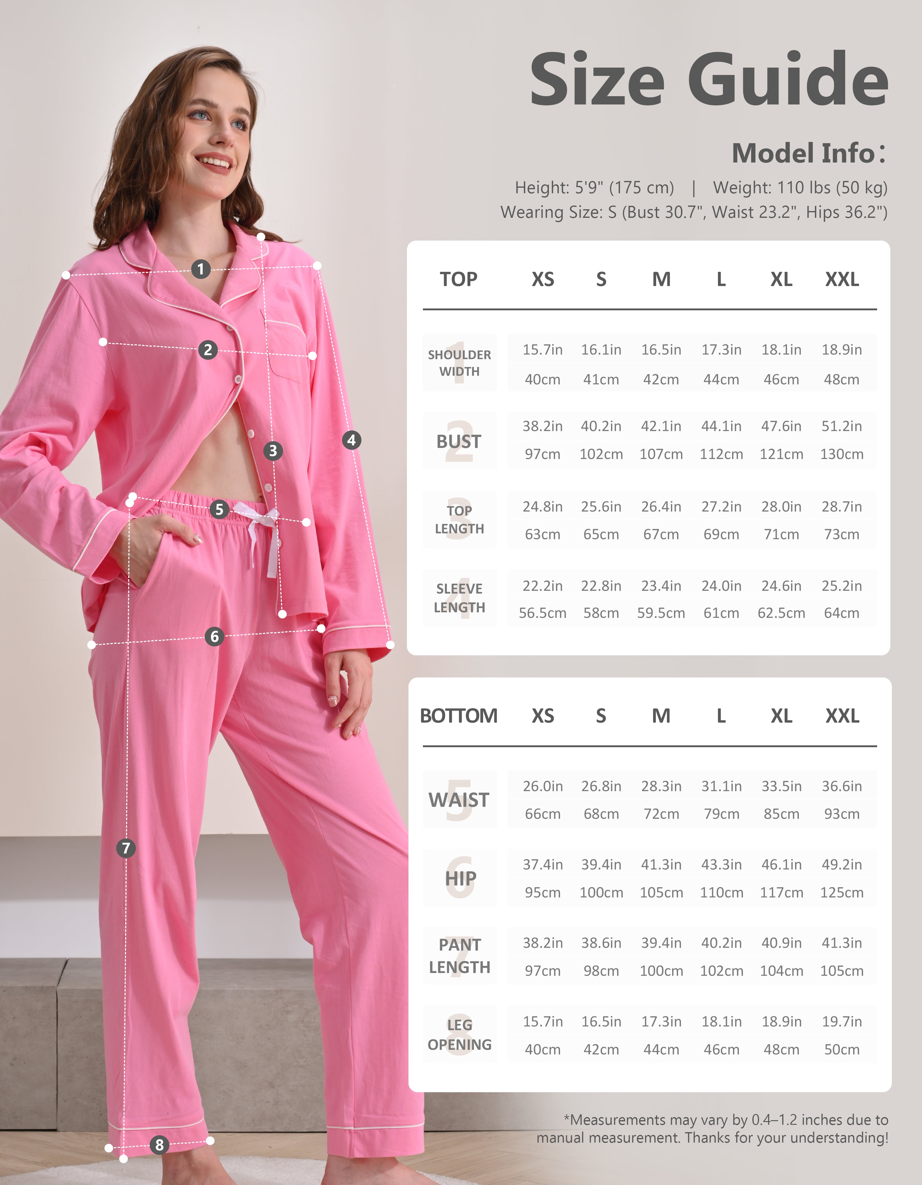 Size chart for women’s barbie pink knit cotton pajama set with long sleeve top and pants