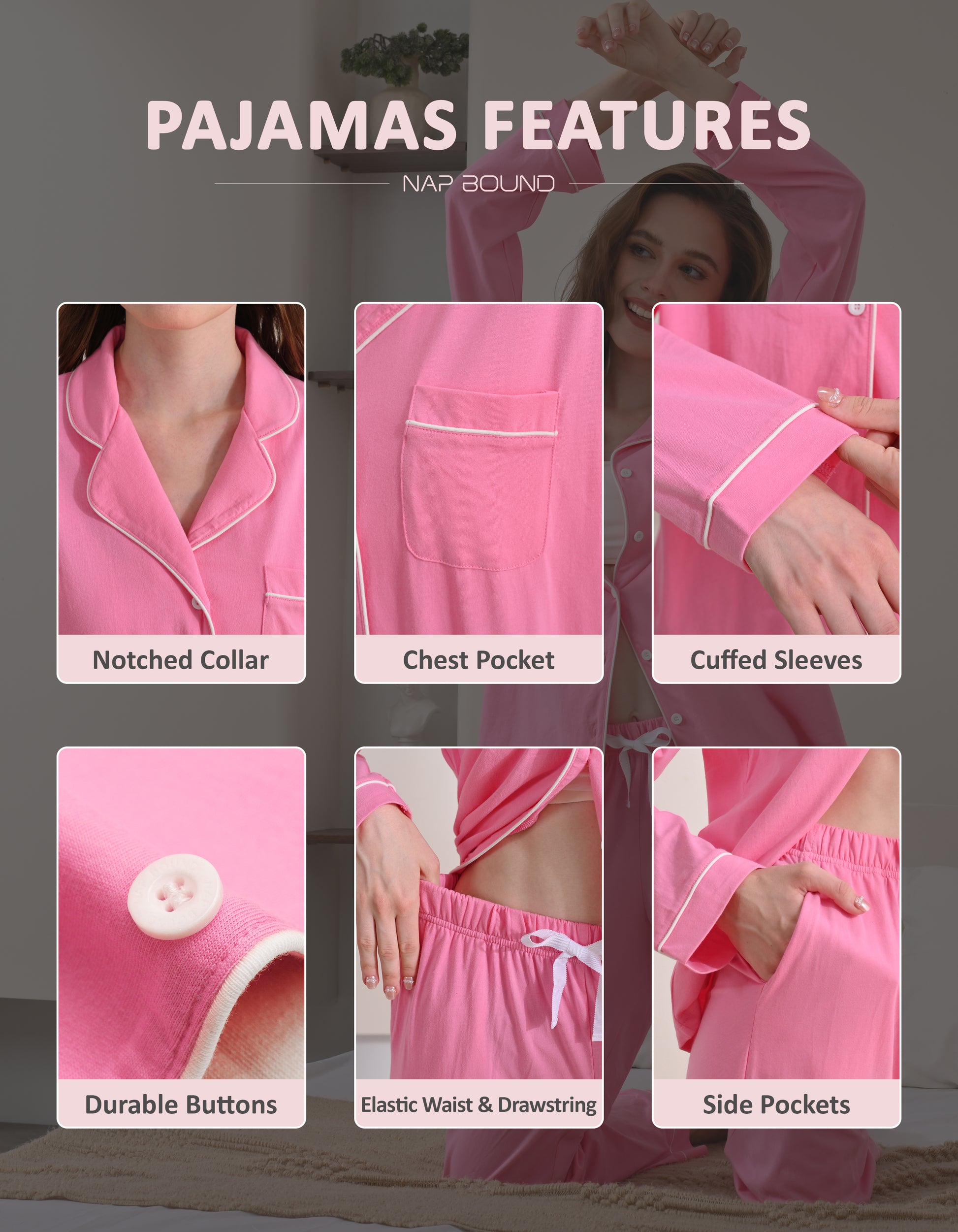 Design details of barbie pink pajamas including notched collar, chest pocket, cuffed sleeves, and drawstring waist