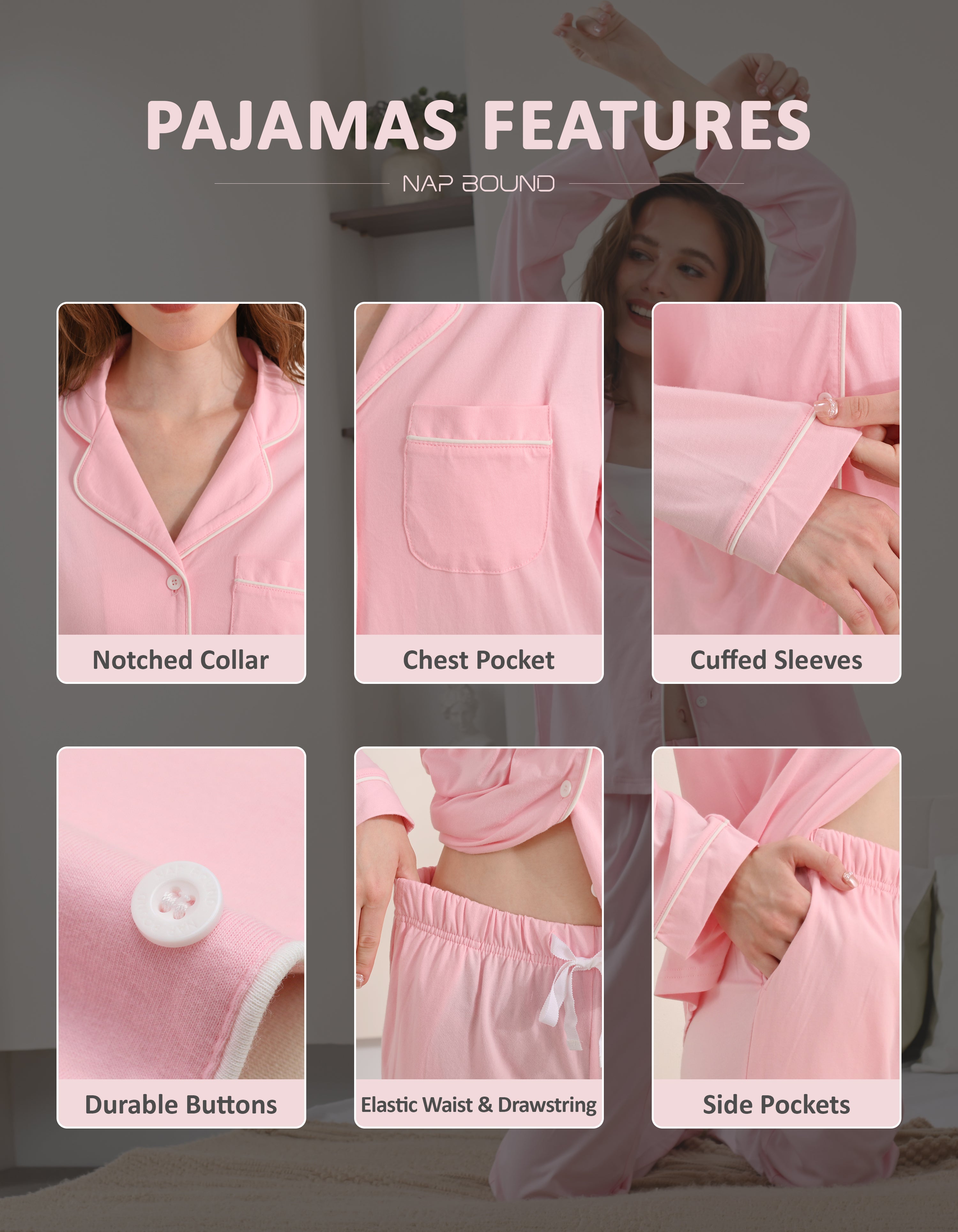 Design details of barbie pink pajamas including notched collar, chest pocket, cuffed sleeves, and drawstring waist