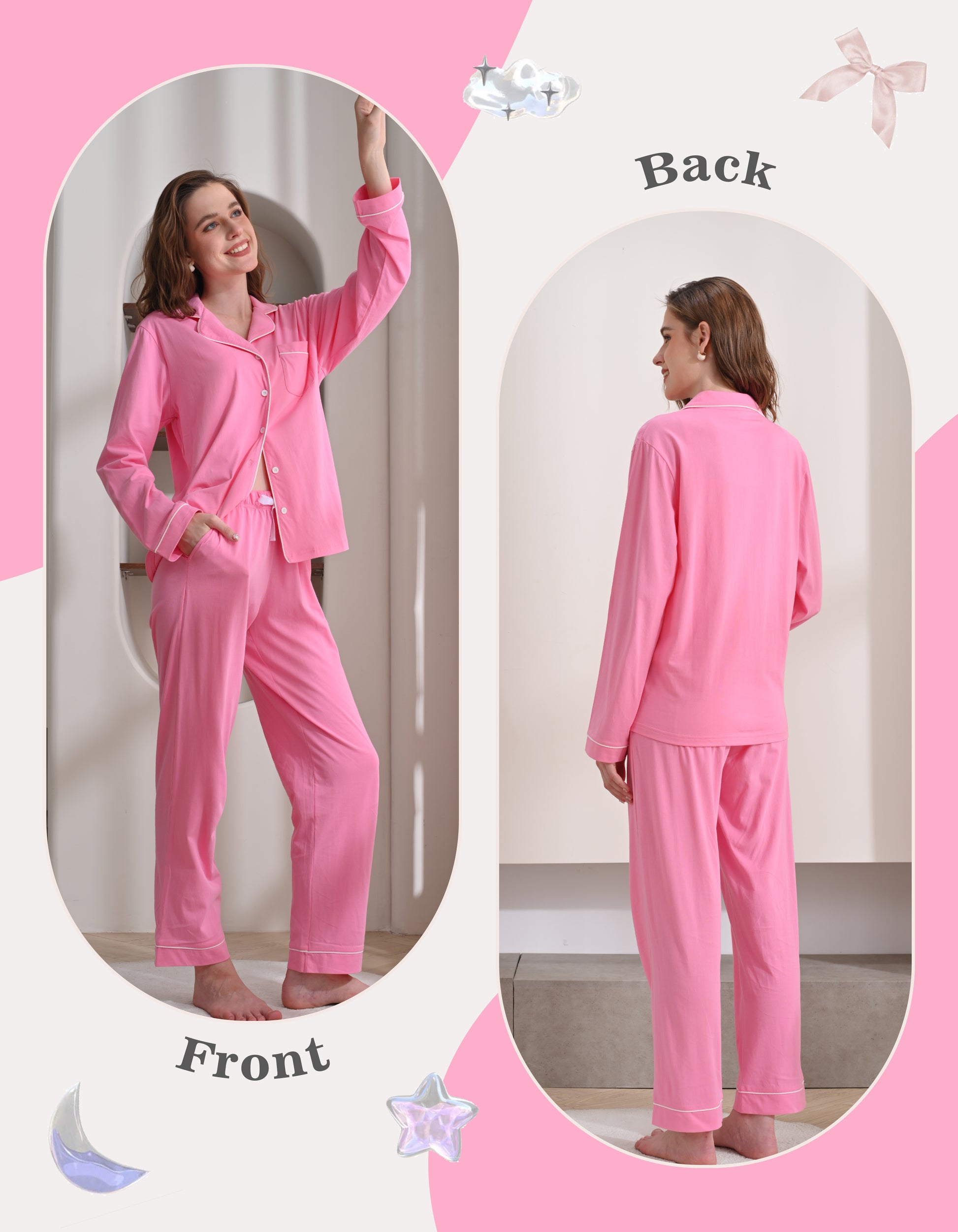 Front and back view comparison of barbie pink women’s knit cotton pajama set