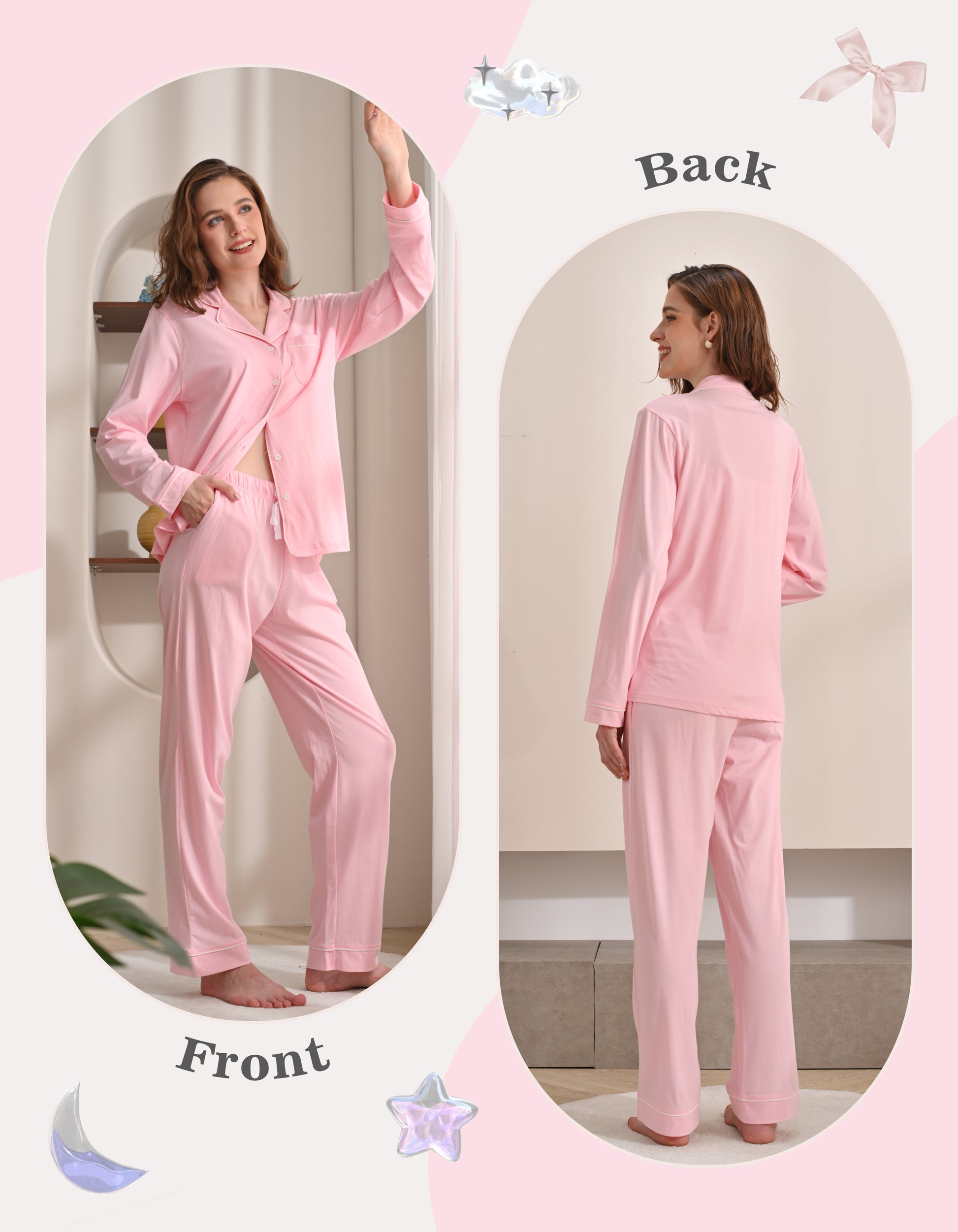 Front and back view comparison of barbie pink women’s knit cotton pajama set