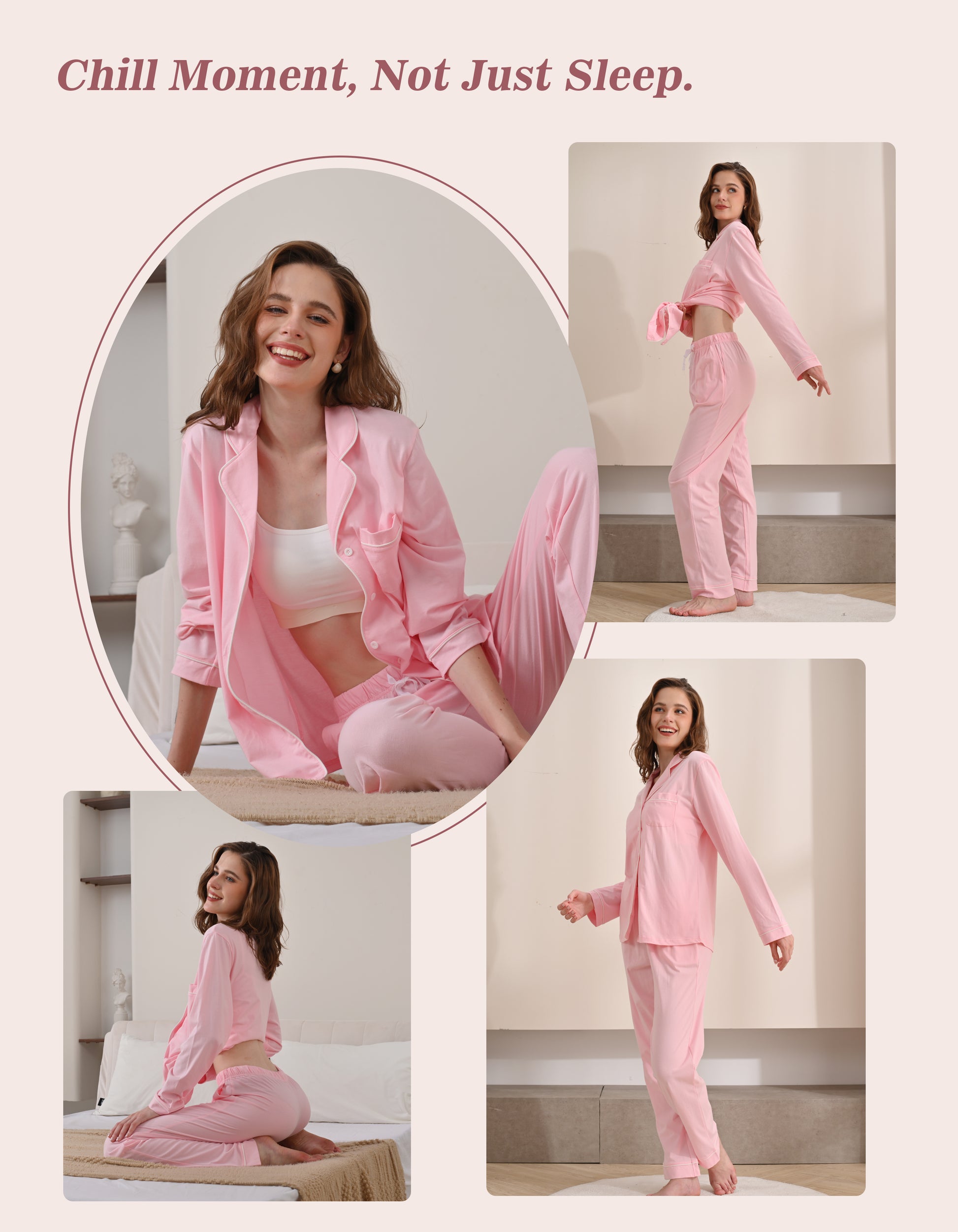 Model wearing barbie pink knit cotton pajamas in cozy home and relaxing scenes