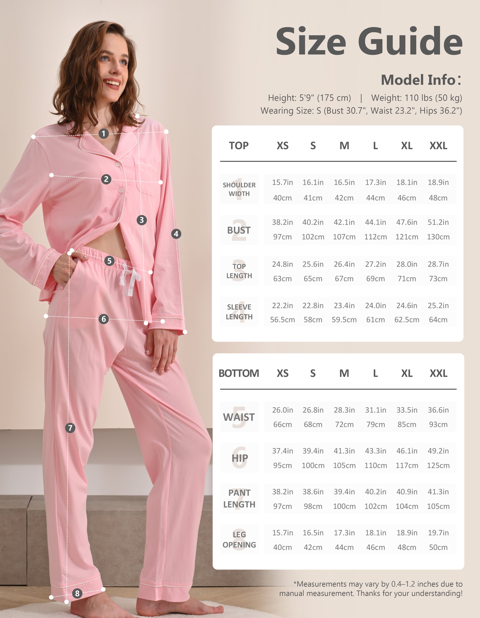 Size chart for women’s barbie pink knit cotton pajama set top and pants