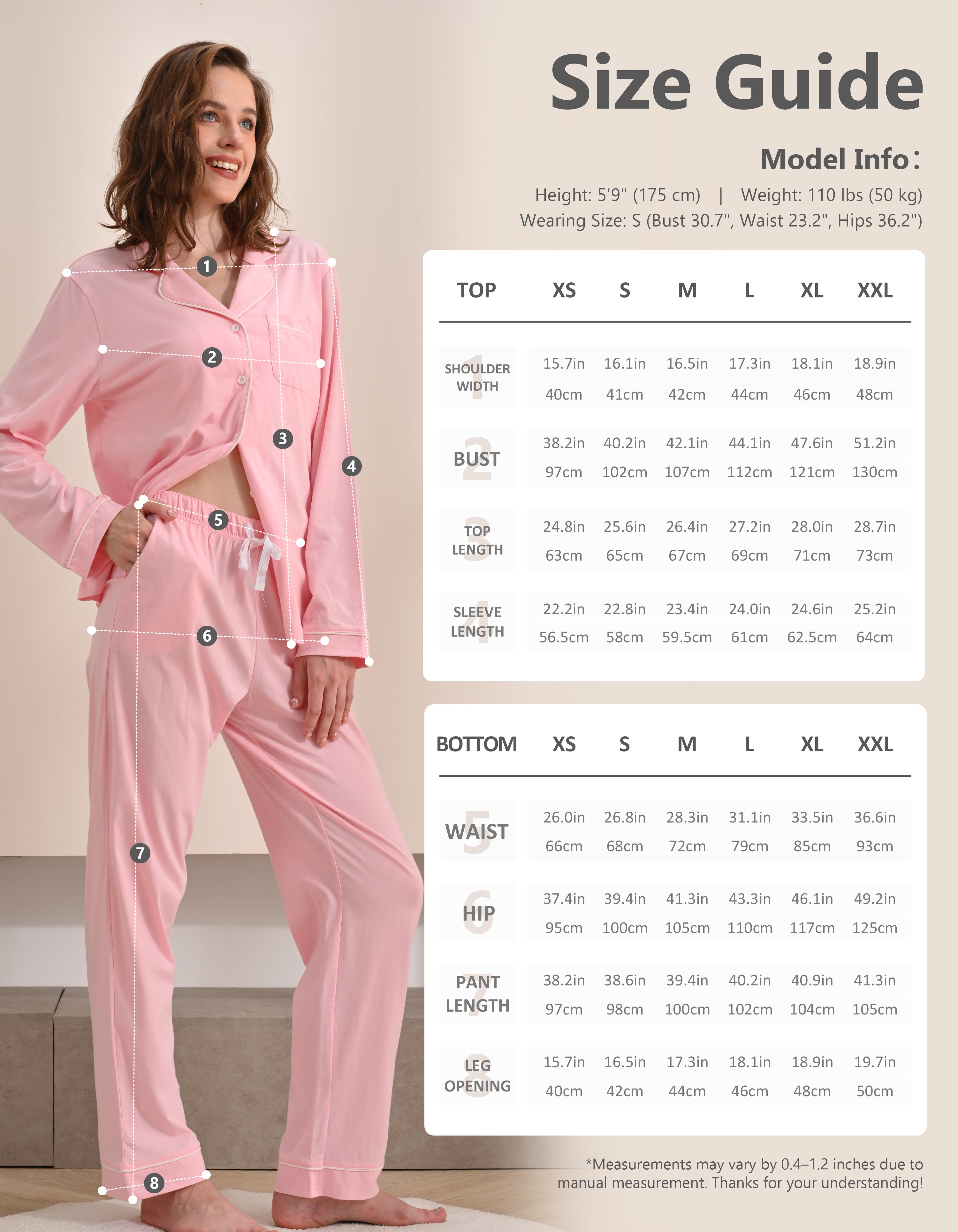 Size chart for women’s barbie pink knit cotton pajama set top and pants