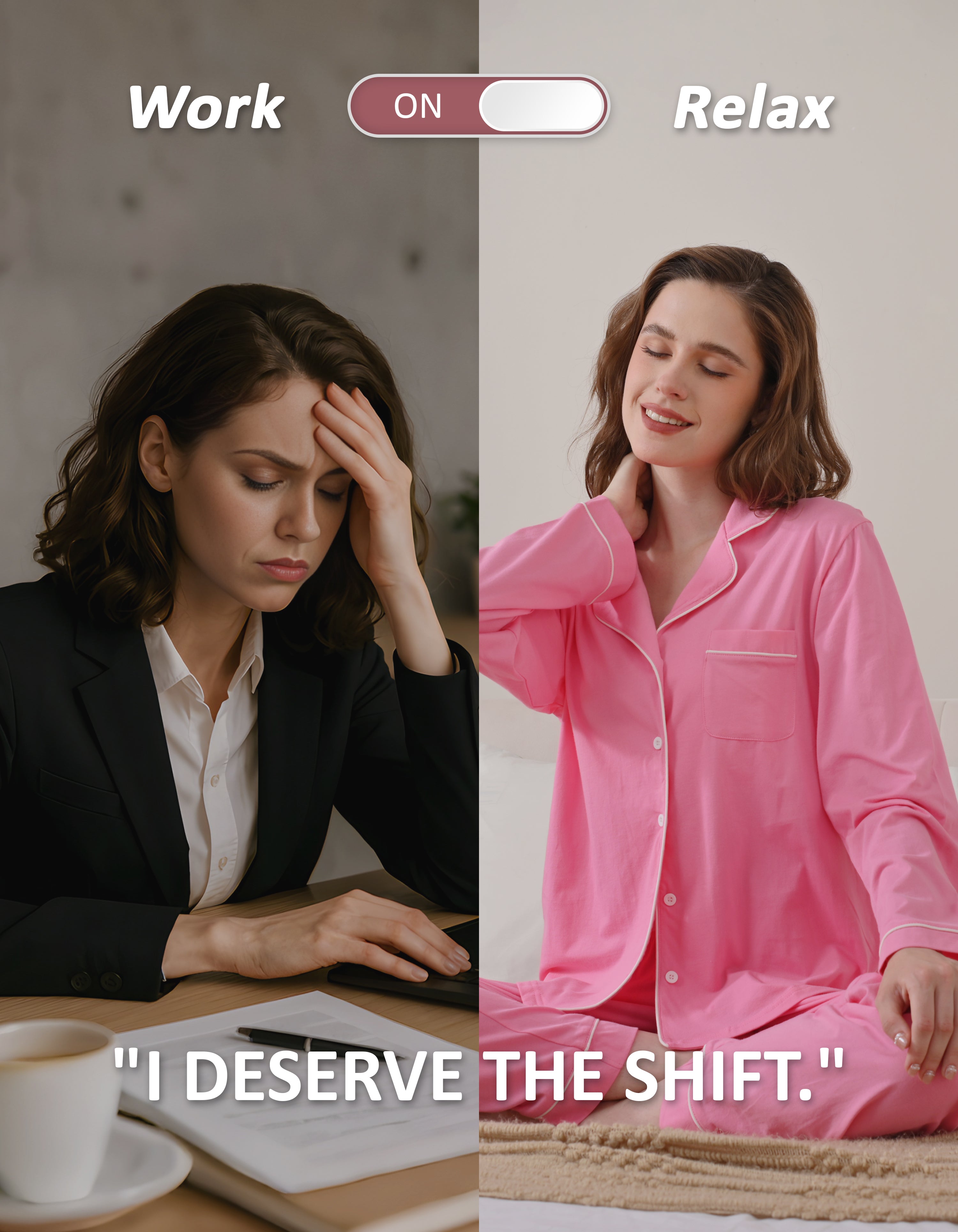 Barbie pink knit cotton pajamas shown in work-to-relax lifestyle comparison