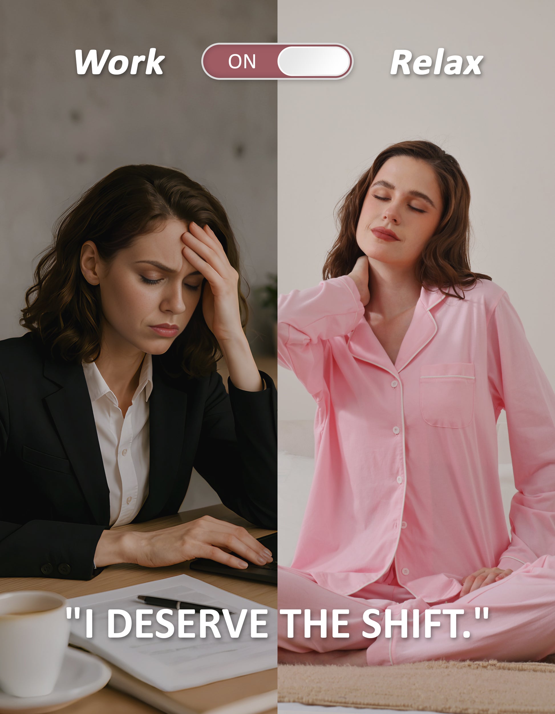 Work to relax lifestyle comparison showing women wearing barbie pink knit cotton pajamas