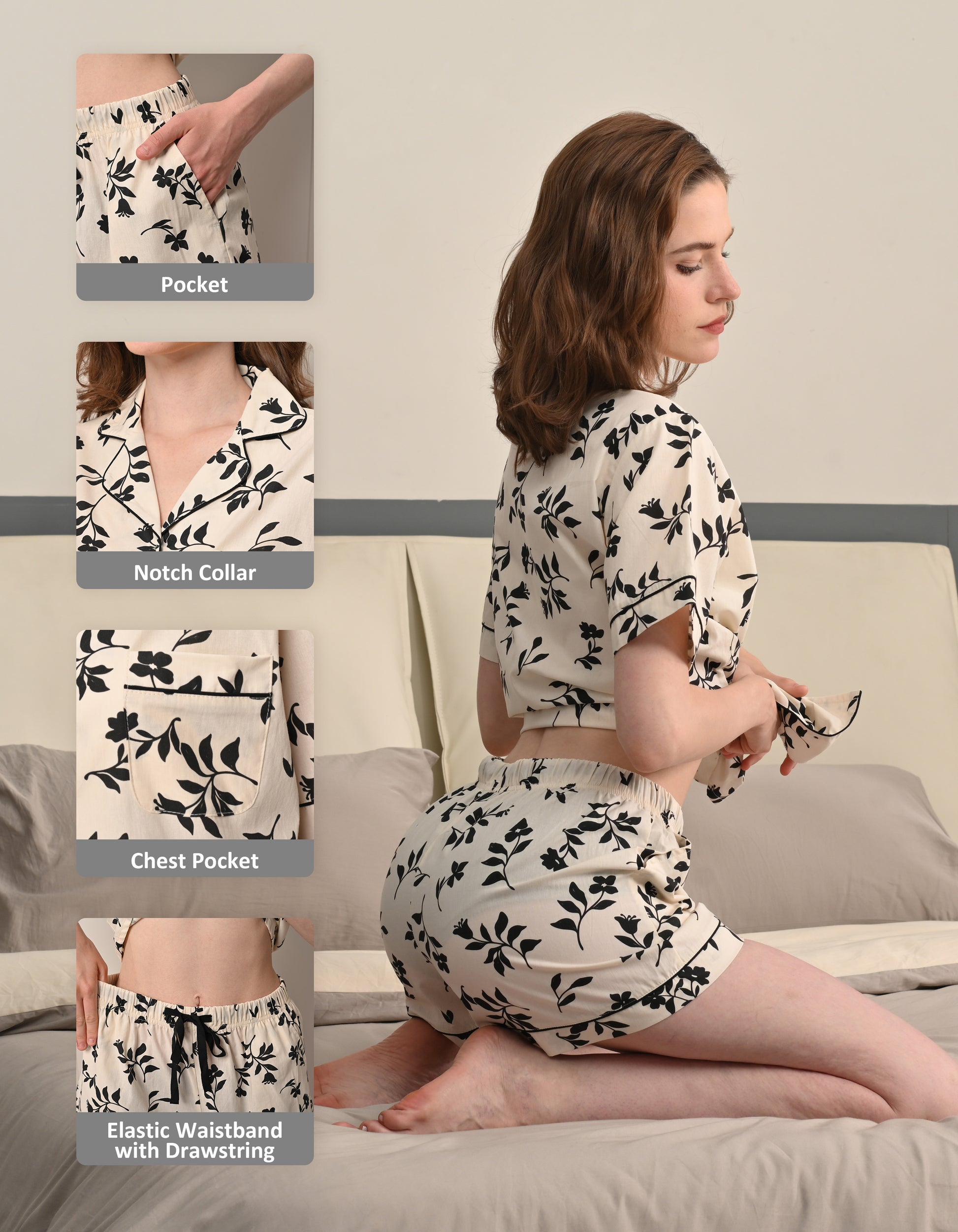 Design details of black floral woven pajamas including side pockets, elastic waistband with drawstring, notched collar, and chest pocket