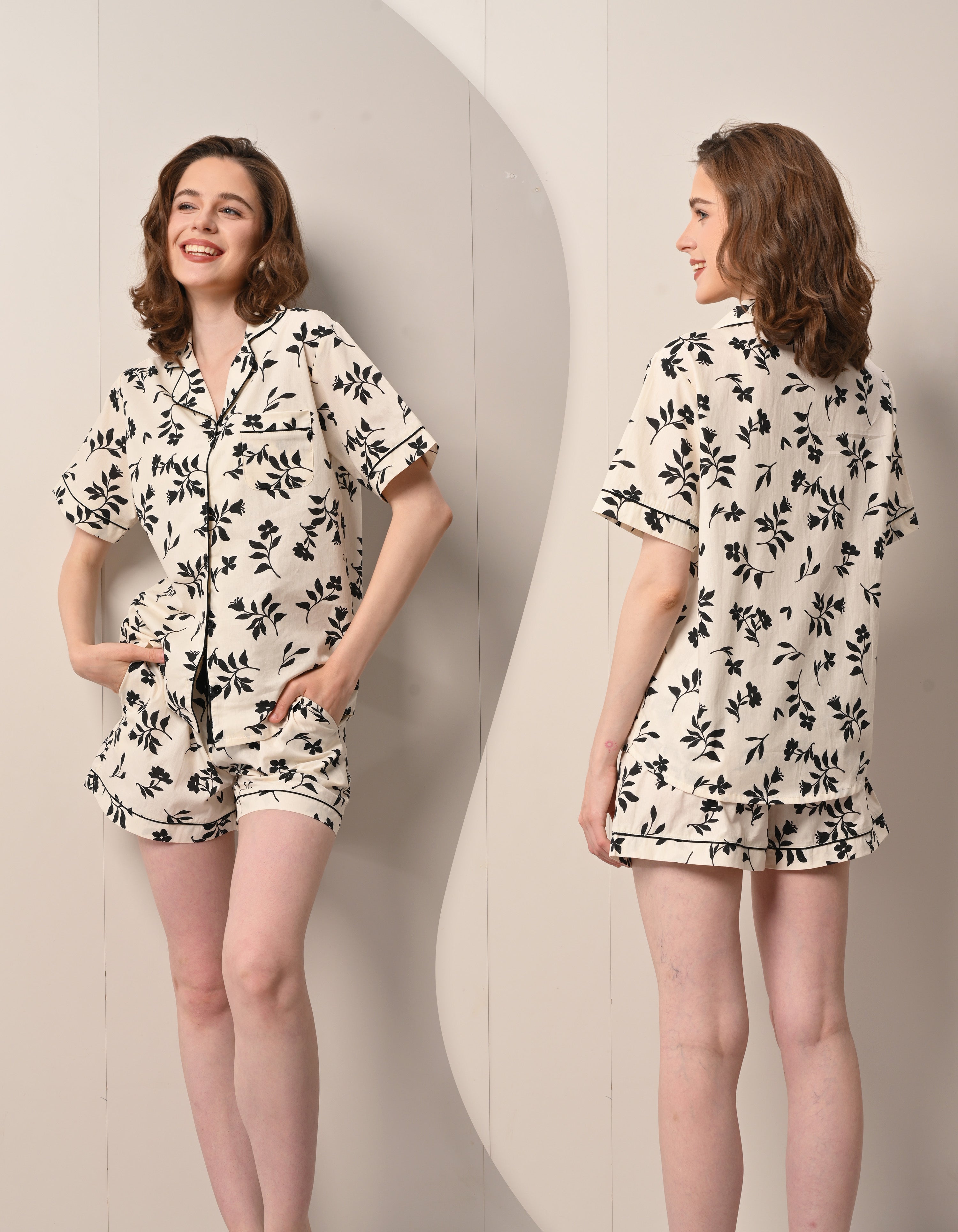 Front and back view comparison of black floral women’s woven cotton pajama set