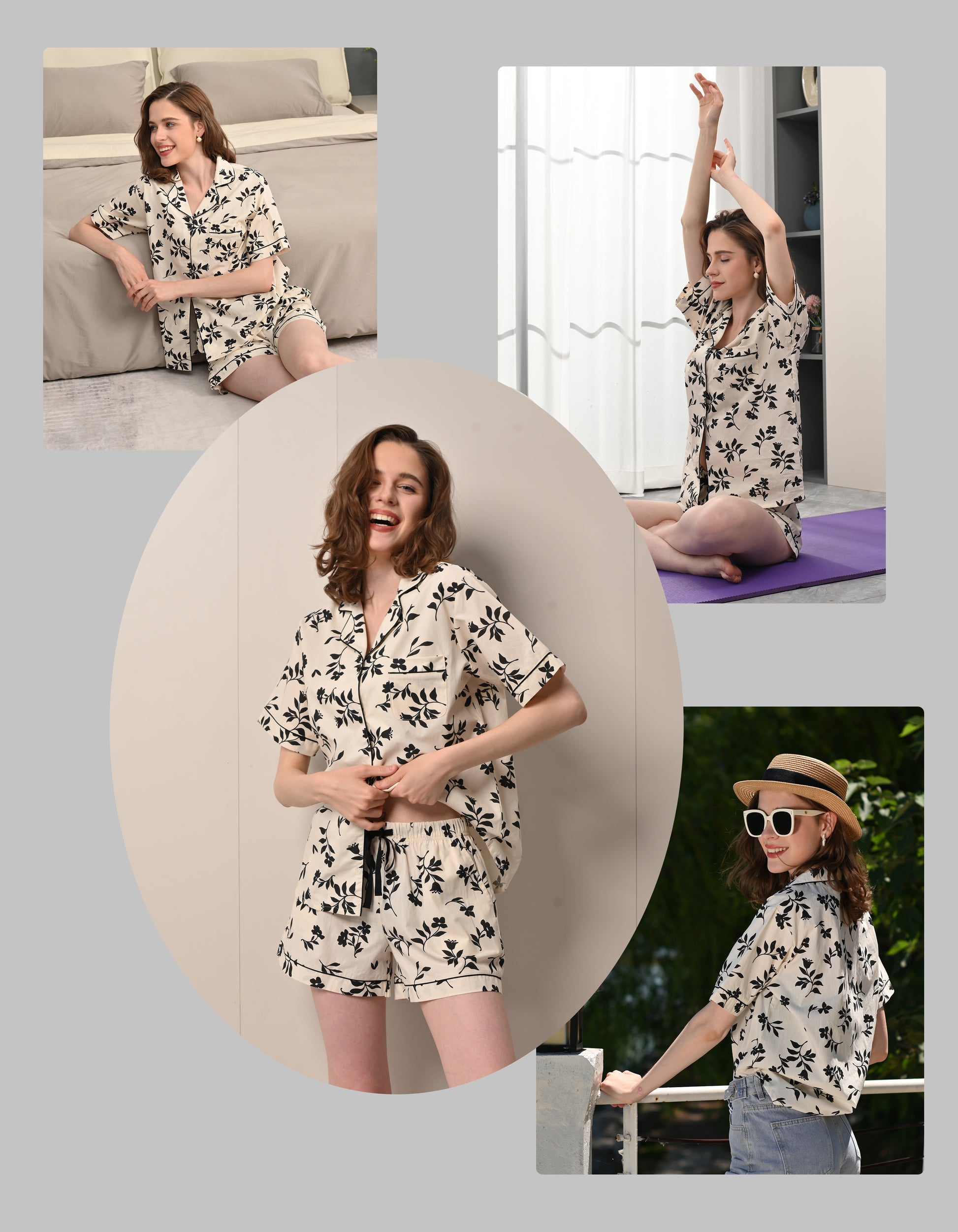 Model wearing black floral woven cotton pajamas in relaxed home and casual lifestyle scenes