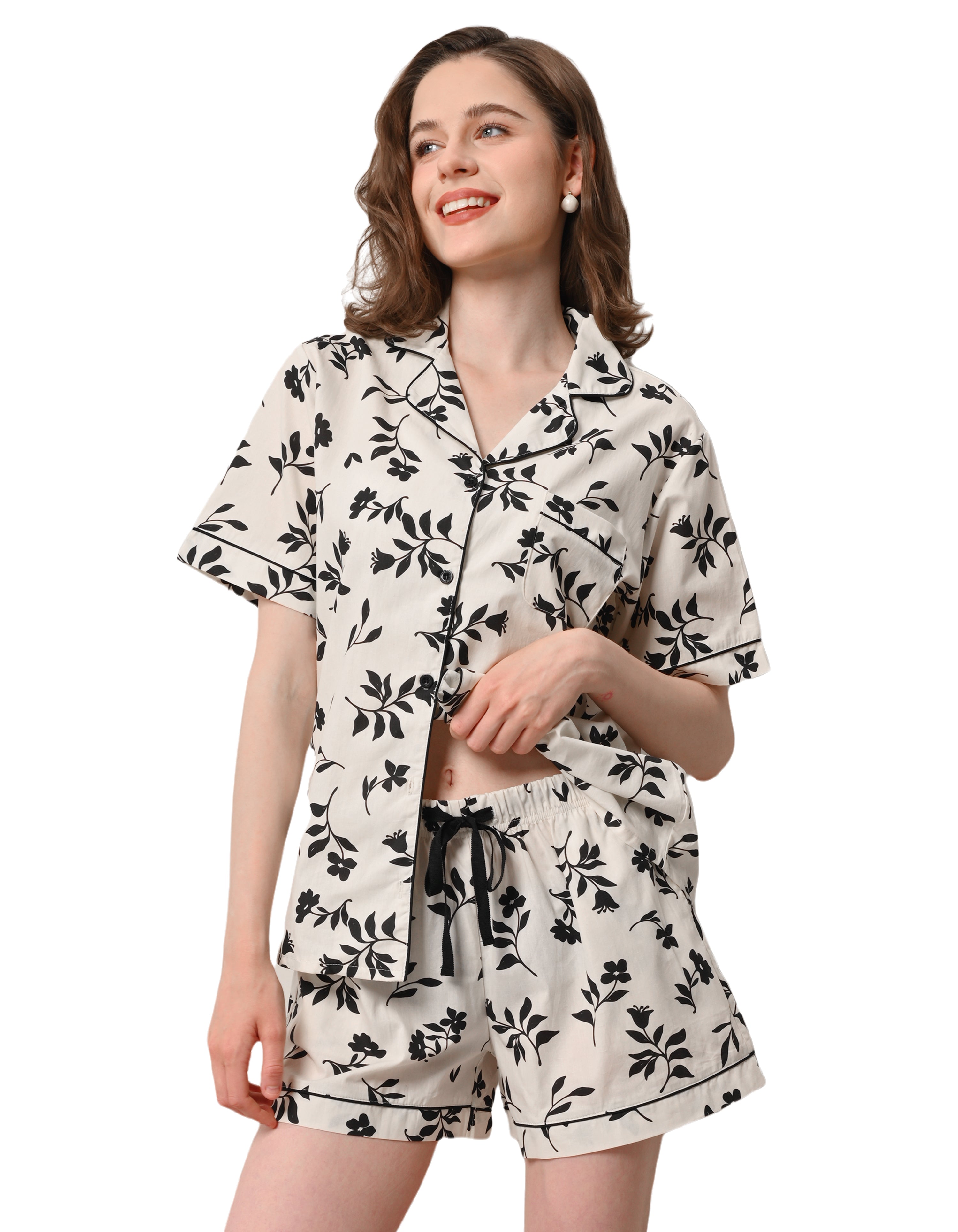 Black floral women’s woven cotton pajama set front view on white background