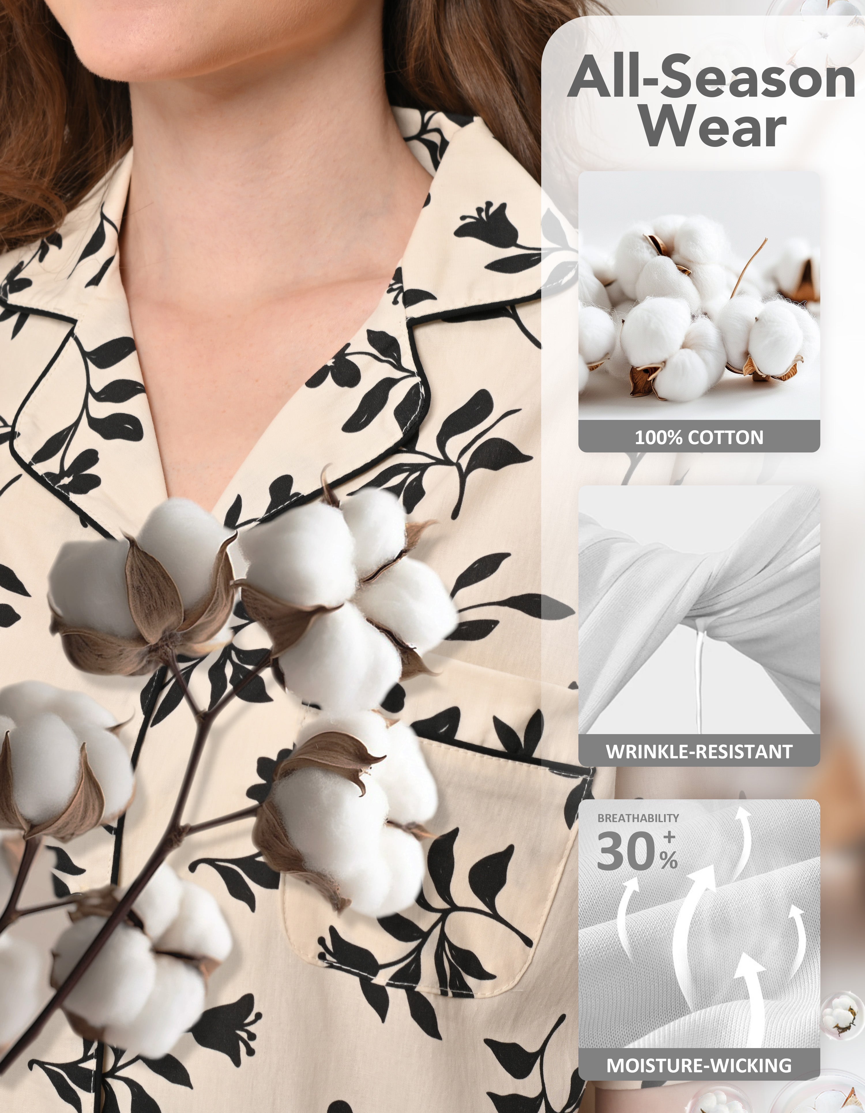 Close-up of black floral woven cotton pajama fabric showing softness, breathability, and lightweight texture