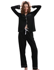 Black solid women’s knit cotton pajama set front view on white background